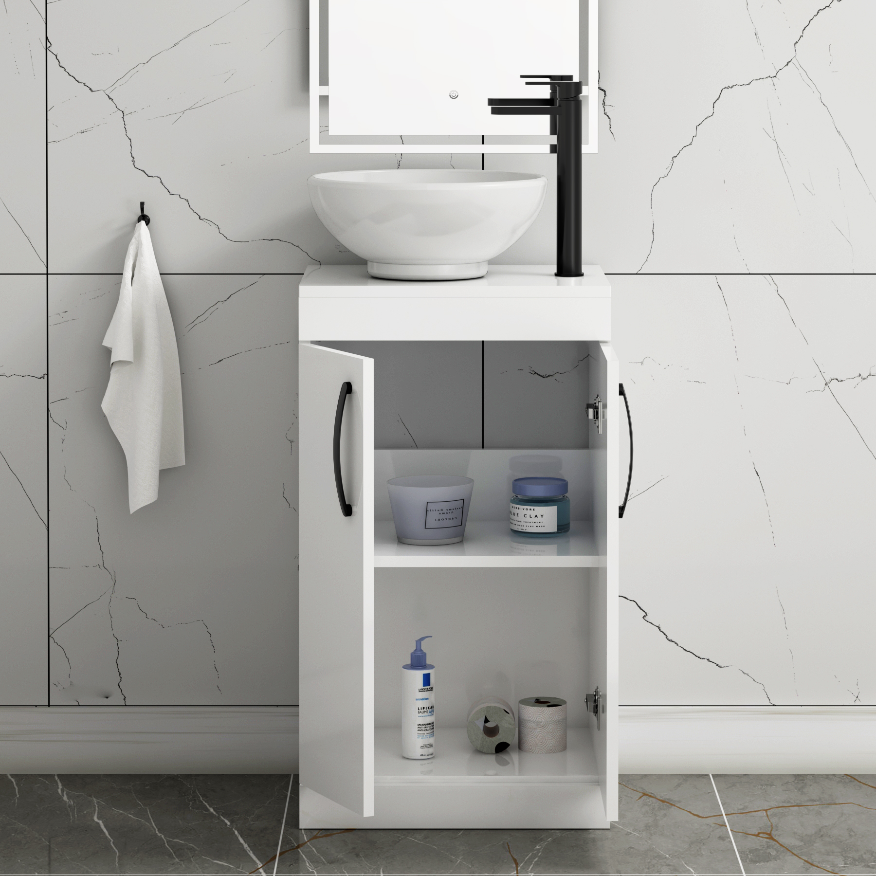 500mm Floor Standing Vanity Unit 2 Door Gloss White & Countertop Basin - Breeze with Matt Black Handle