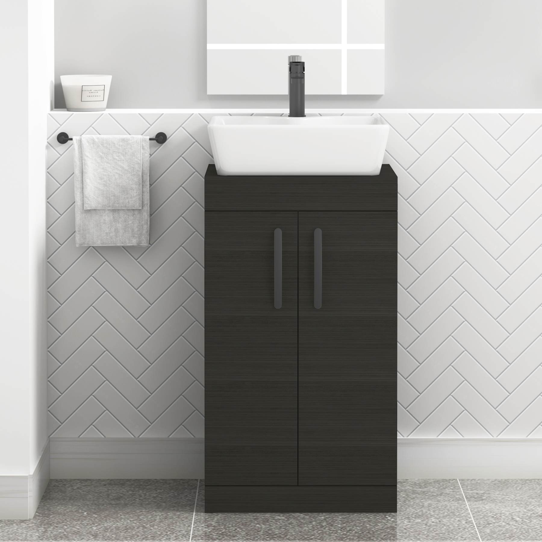 500mm Floor Standing Vanity Unit 2 Door Hale Black & Countertop Basin - Cube with Matt Black Handle