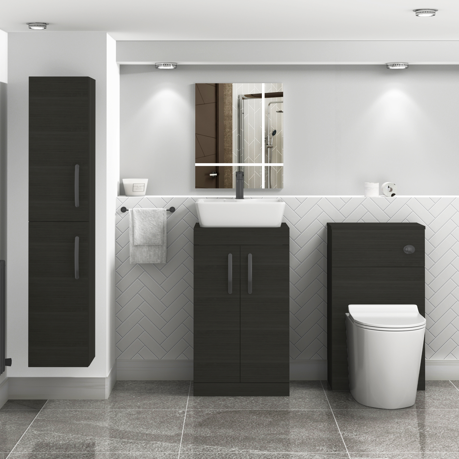 500mm Floor Standing Vanity Unit 2 Door Hale Black & Countertop Basin - Cube with Matt Black Handle