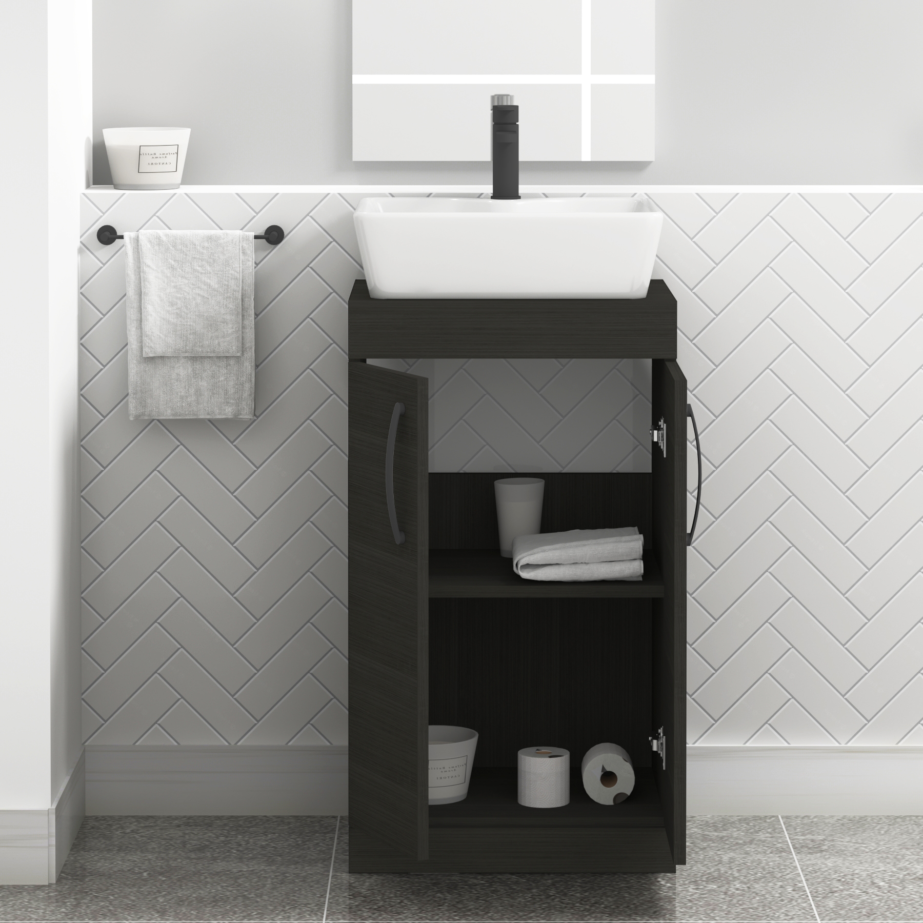 500mm Floor Standing Vanity Unit 2 Door Hale Black & Countertop Basin - Cube with Matt Black Handle
