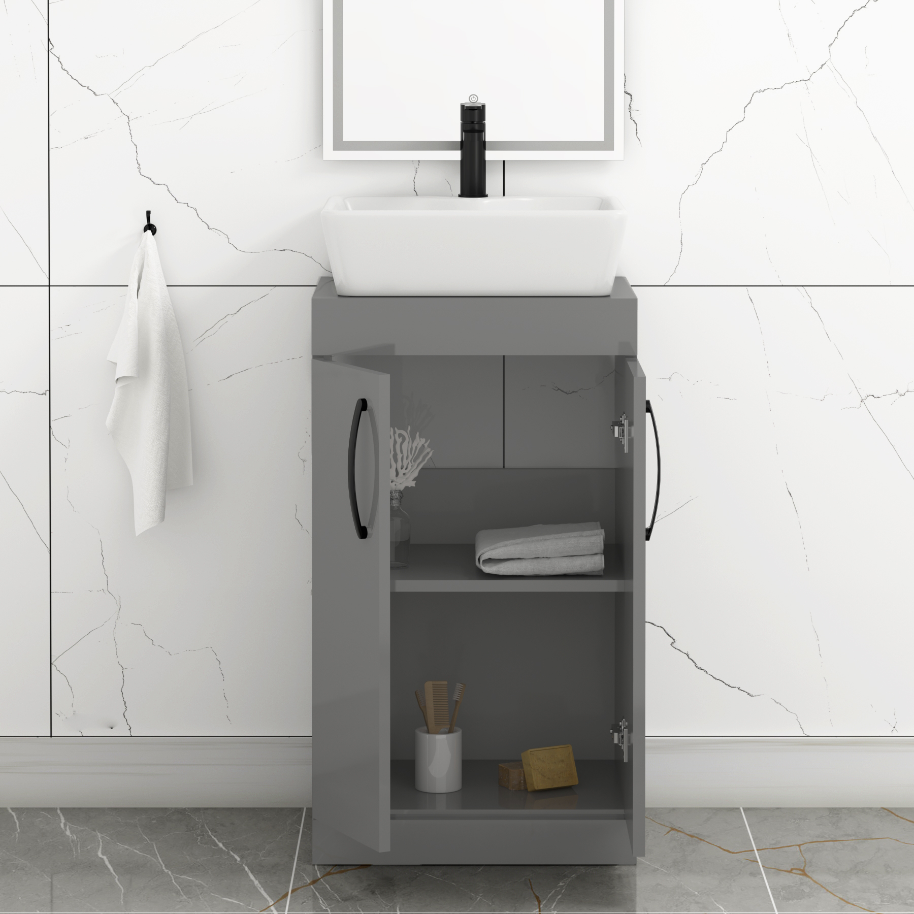 500mm Floor Standing Vanity Unit 2 Door Indigo Grey Gloss & Countertop Basin - Cube with Matt Black Handle