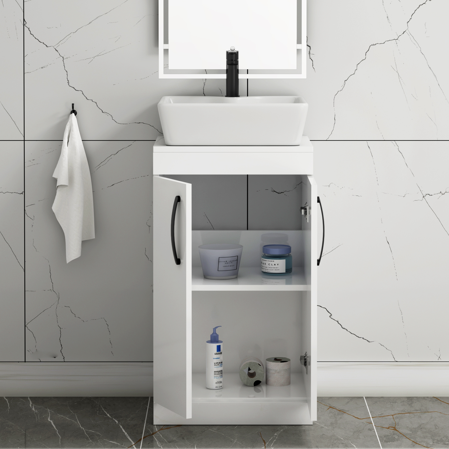 500mm Floor Standing Vanity Unit 2 Door Gloss White & Countertop Basin - Cube with Matt Black Handle