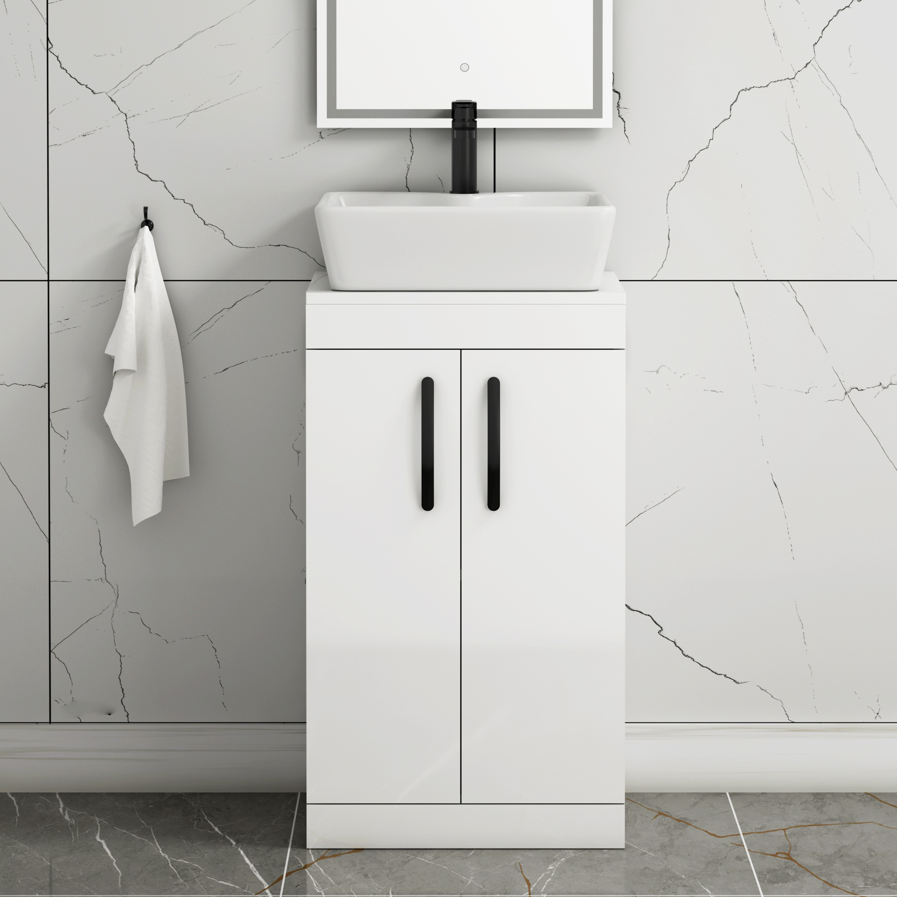 500mm Floor Standing Vanity Unit 2 Door Gloss White & Countertop Basin - Cube with Matt Black Handle