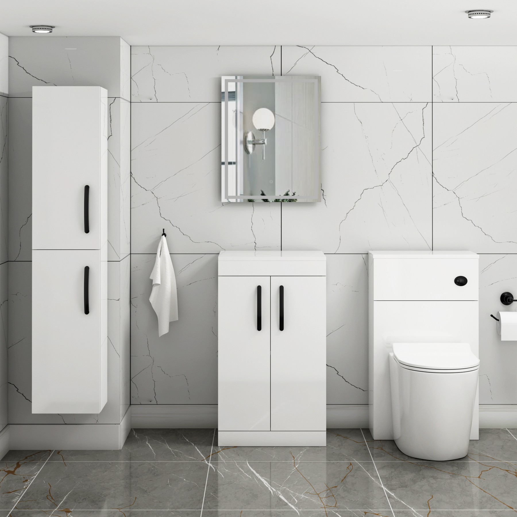 Turin 500mm Gloss White Floor Standing Worktop Vanity Unit - 2 Doors with Matt Black Handle