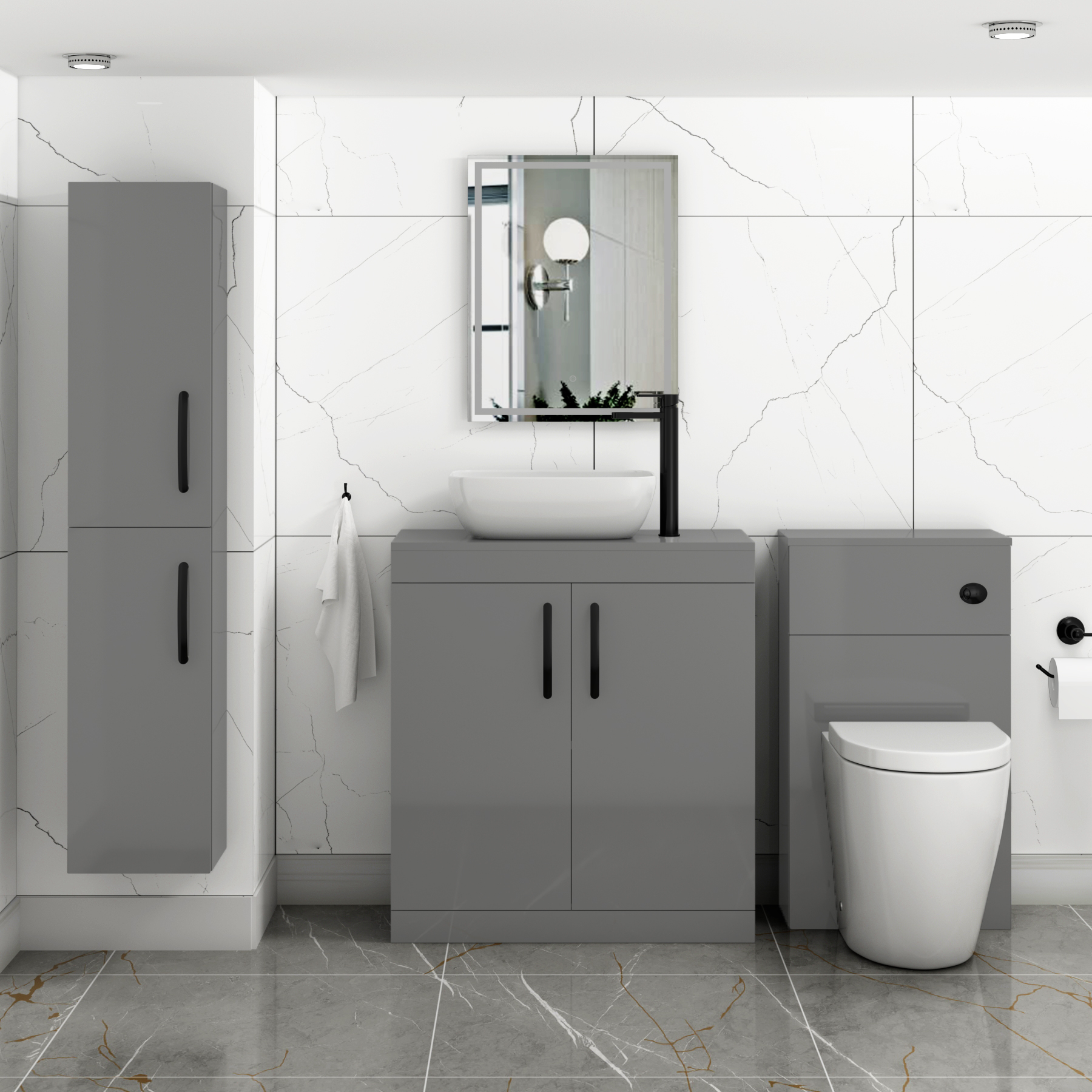 Turin 800mm Floor Standing Vanity Unit 2 Door Indigo Grey Gloss & Countertop Basin - Elva with Matt Black Handle
