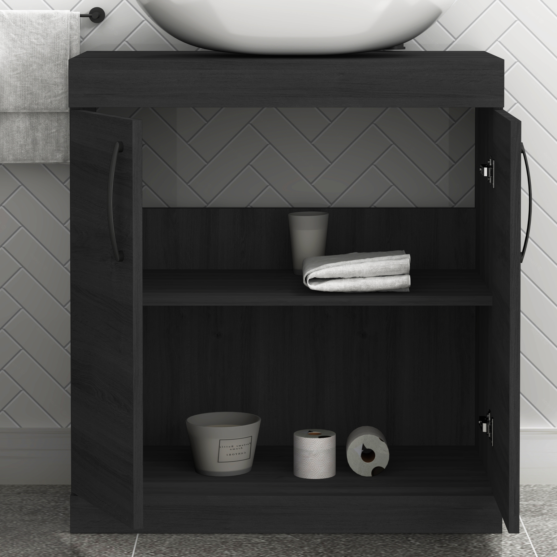 Turin 800mm Floor Standing Vanity Unit 2 Door Hale Black & Countertop Basin - Elva with Matt Black Handle