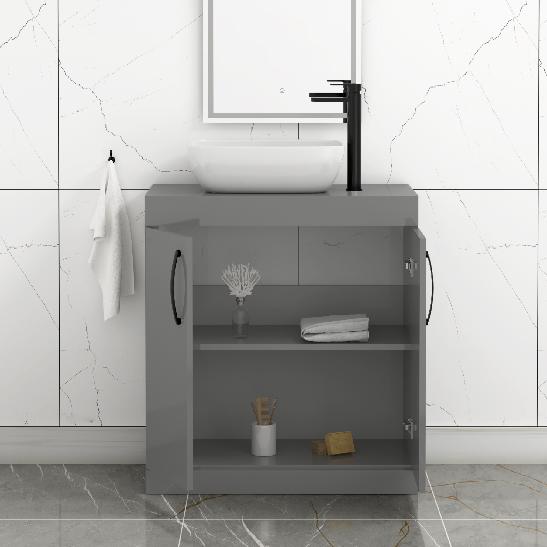 Turin 800mm Floor Standing Vanity Unit 2 Door Indigo Grey Gloss & Countertop Basin - Elva with Matt Black Handle