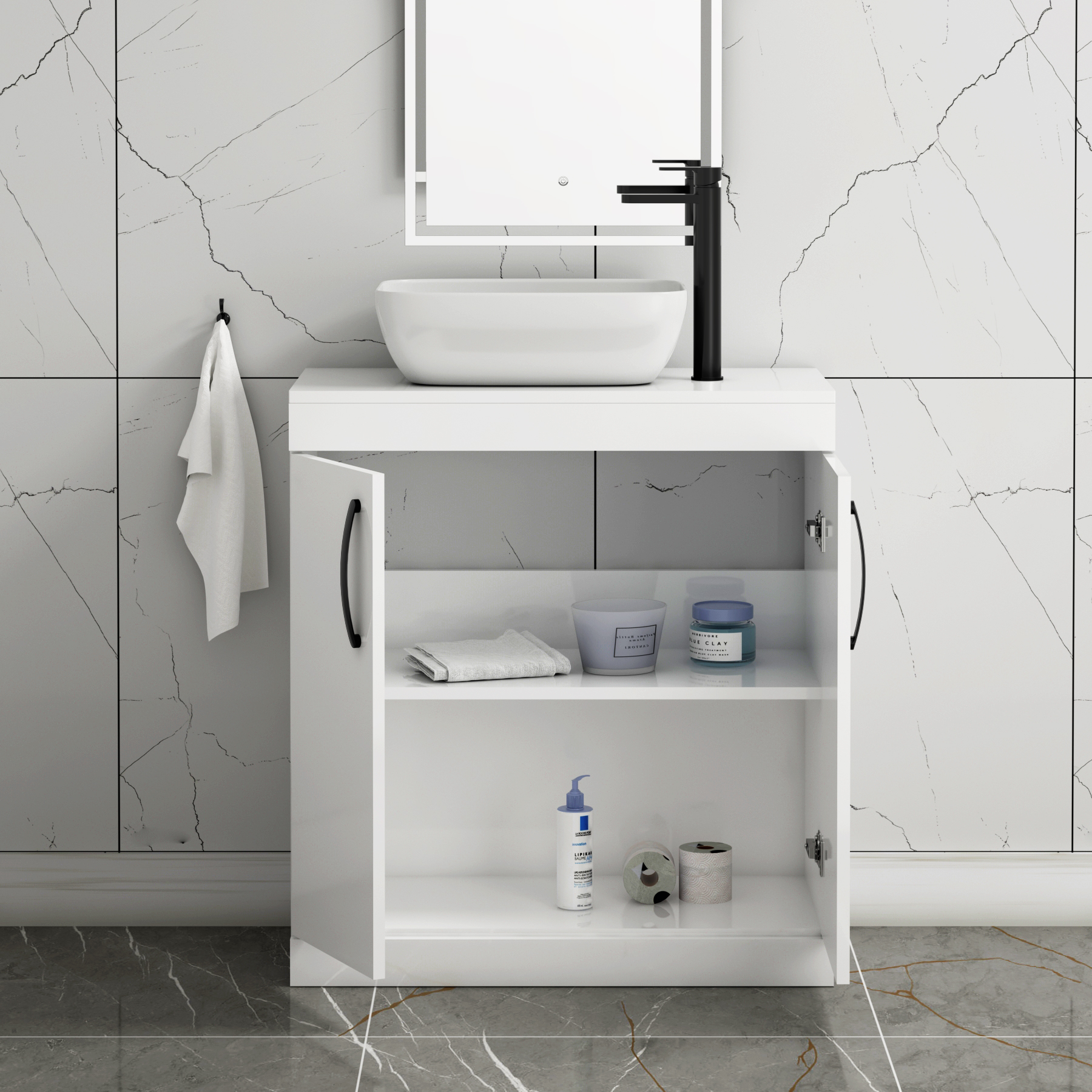 Turin 800mm Floor Standing Vanity Unit 2 Door Gloss White & Countertop Basin - Elva with Matt Black Handle