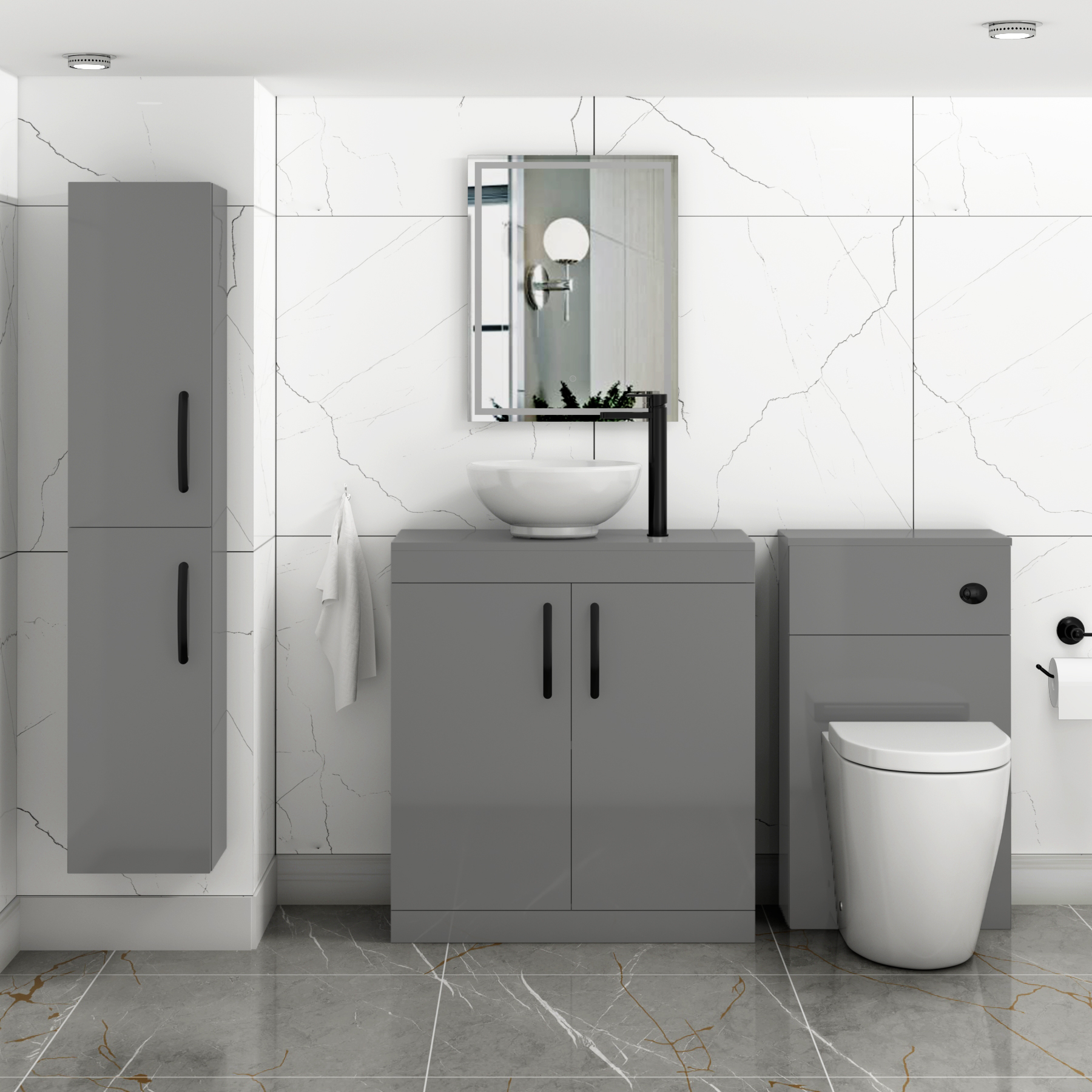 Turin 800mm Floor Standing Vanity Unit 2 Door Indigo Grey Gloss & Countertop Basin - Breeze with Matt Black Handle
