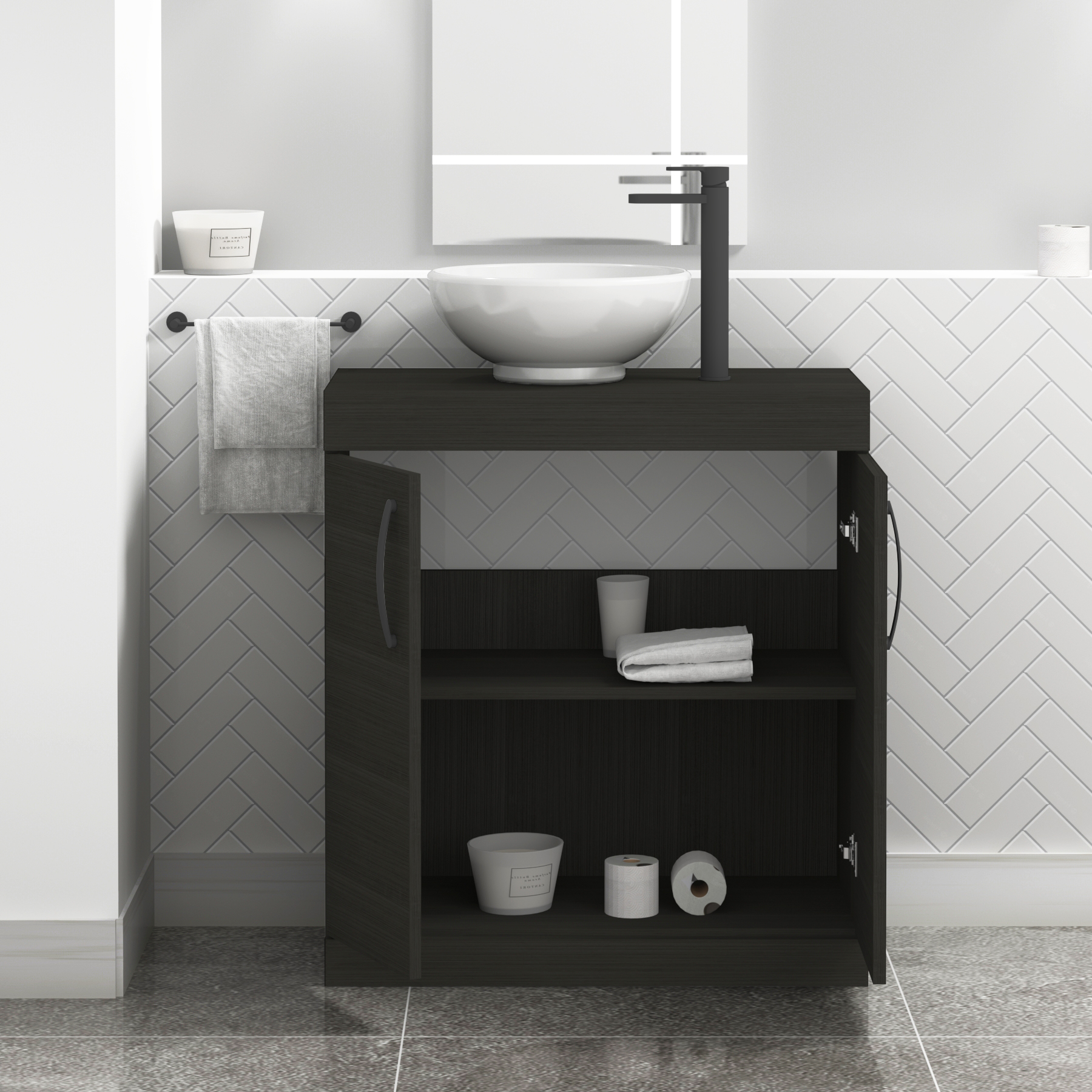 Turin 800mm Floor Standing Vanity Unit 2 Door Hale Black & Countertop Basin - Breeze with Matt Black Handle