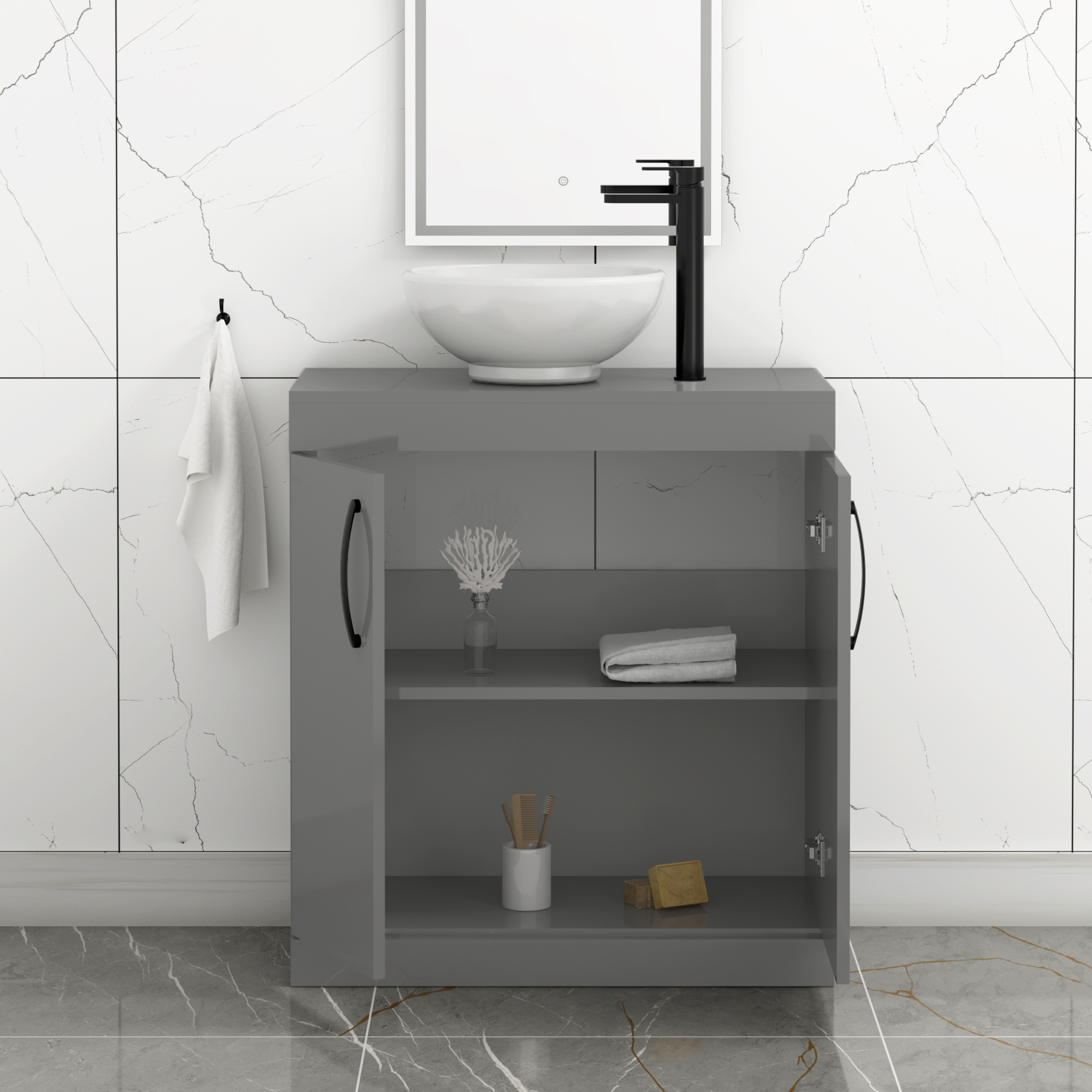 Turin 800mm Floor Standing Vanity Unit 2 Door Indigo Grey Gloss & Countertop Basin - Breeze with Matt Black Handle