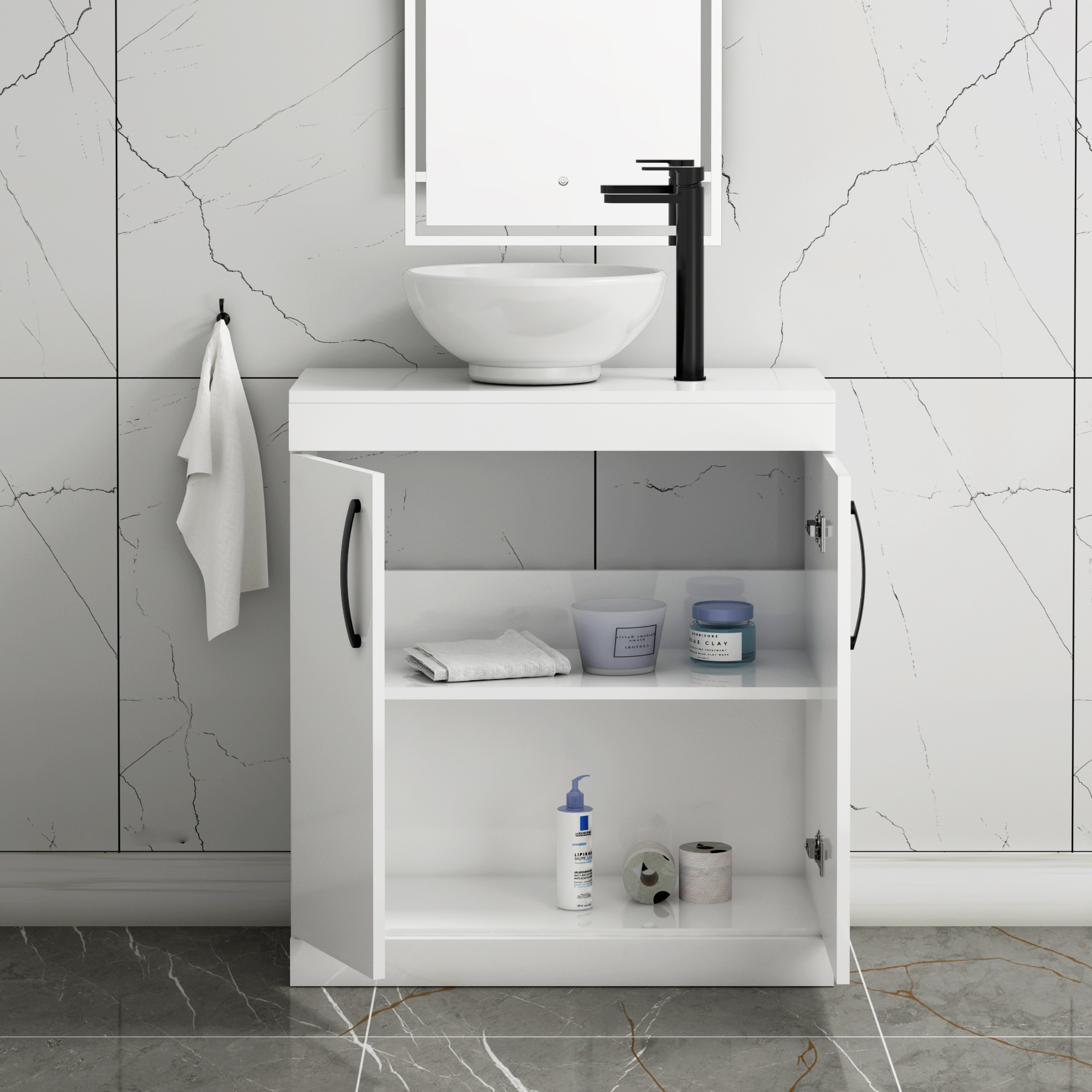 Turin 800mm Floor Standing Vanity Unit 2 Door Gloss White & Countertop Basin - Breeze with Matt Black Handle