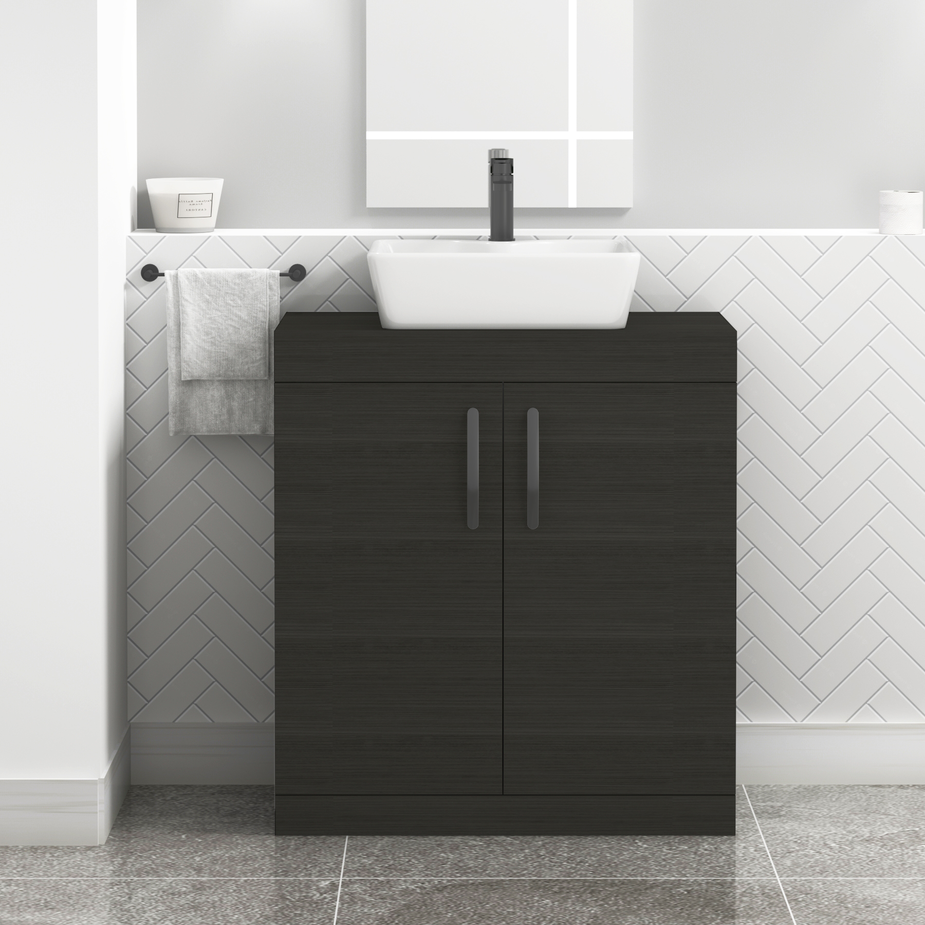 Turin 800mm Floor Standing Vanity Unit 2 Door Hale Black & Countertop Basin - Cube with Matt Black Handle