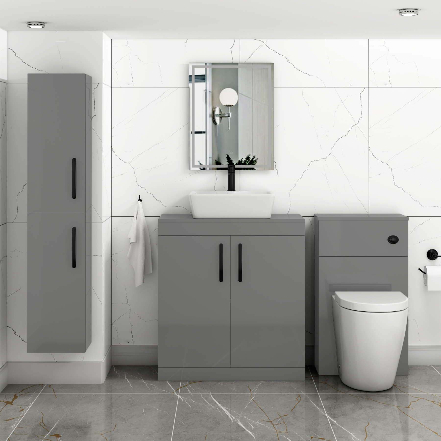 Turin 800mm Floor Standing Vanity Unit 2 Door Indigo Grey Gloss & Countertop Basin - Cube with Matt Black Handle