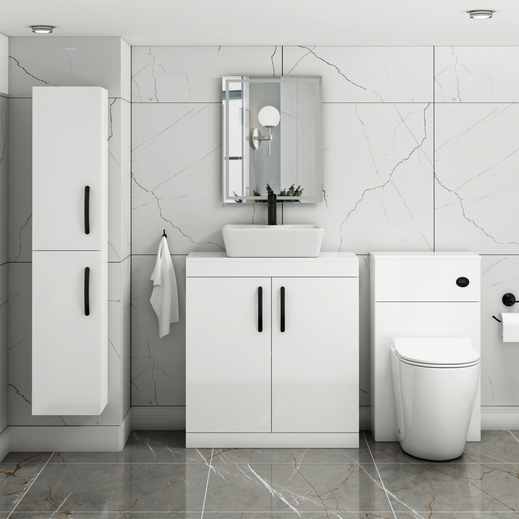 Turin 800mm Floor Standing Vanity Unit 2 Door Gloss White & Countertop Basin - Cube with Matt Black Handle