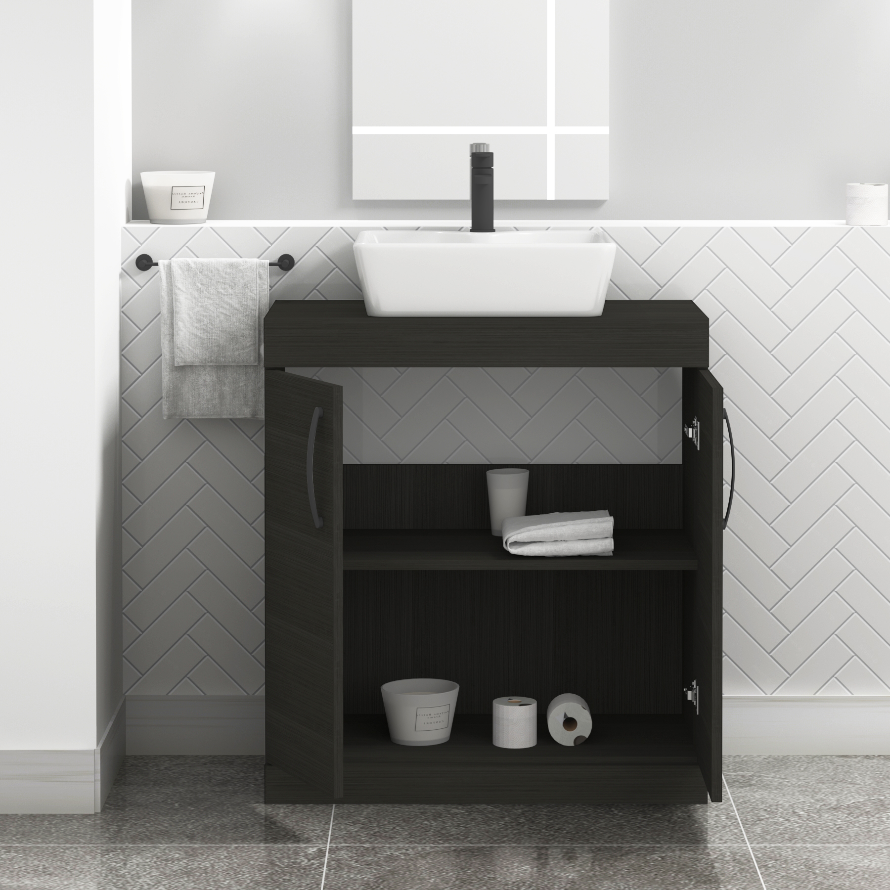 Turin 800mm Floor Standing Vanity Unit 2 Door Hale Black & Countertop Basin - Cube with Matt Black Handle