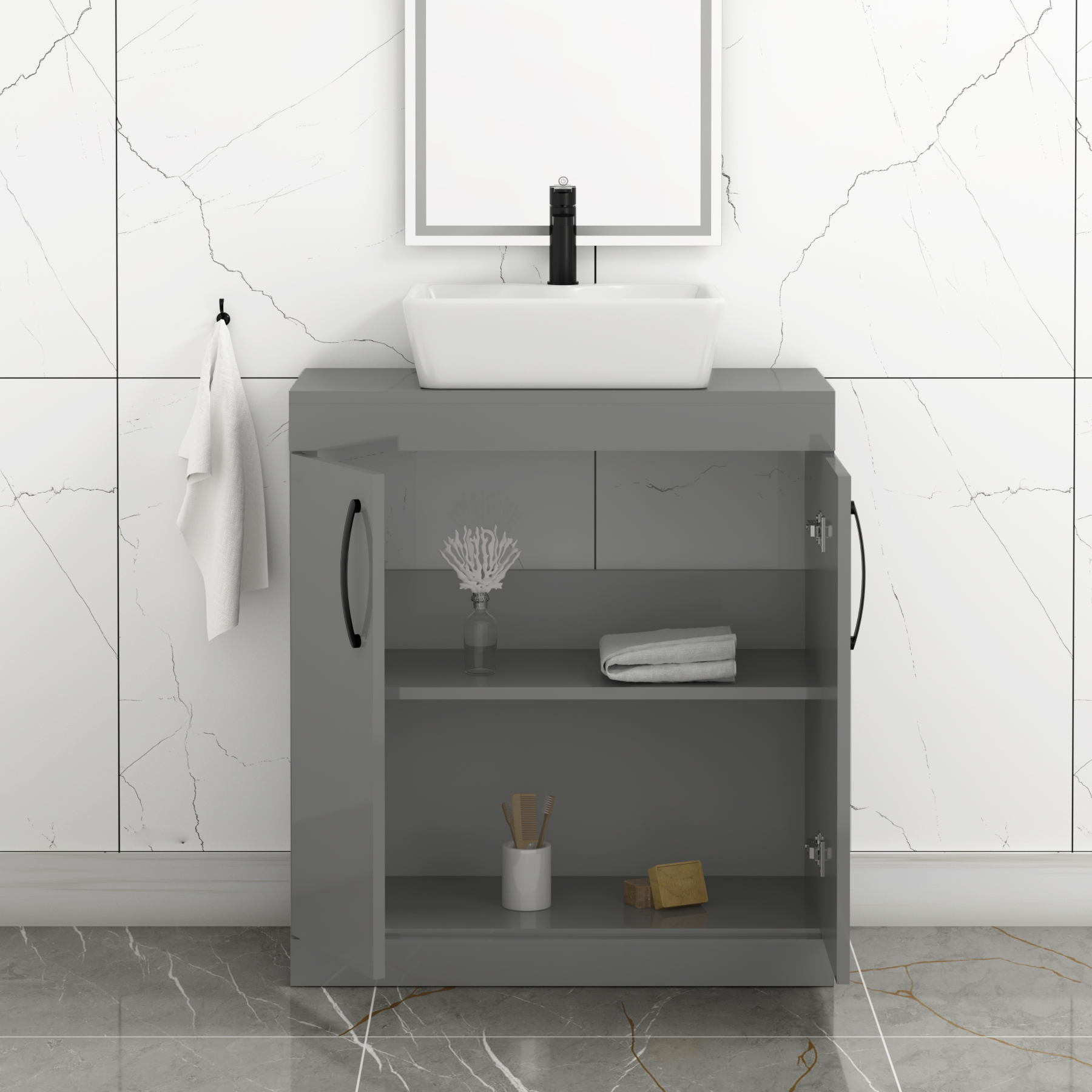 Turin 800mm Floor Standing Vanity Unit 2 Door Indigo Grey Gloss & Countertop Basin - Cube with Matt Black Handle