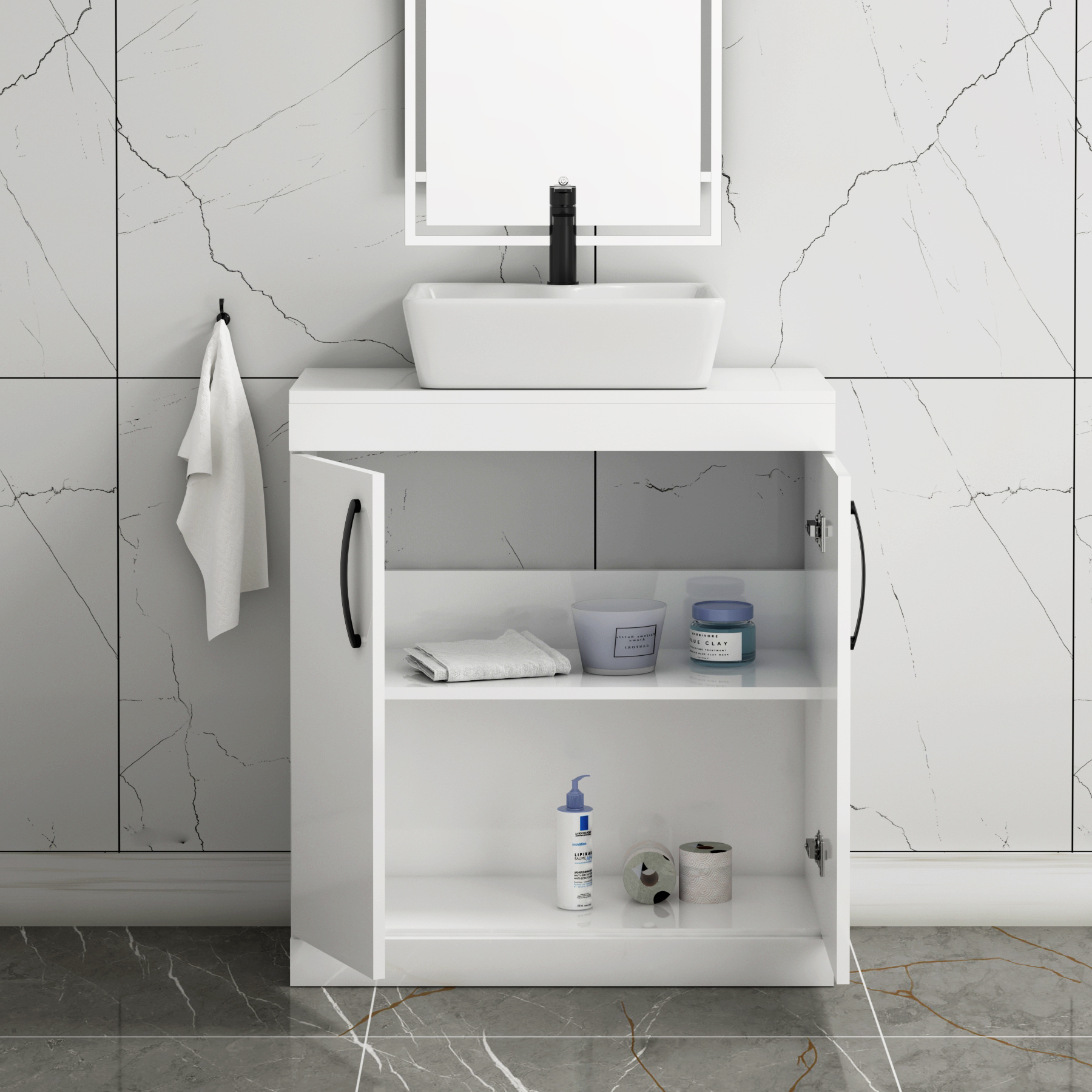 Turin 800mm Floor Standing Vanity Unit 2 Door Gloss White & Countertop Basin - Cube with Matt Black Handle