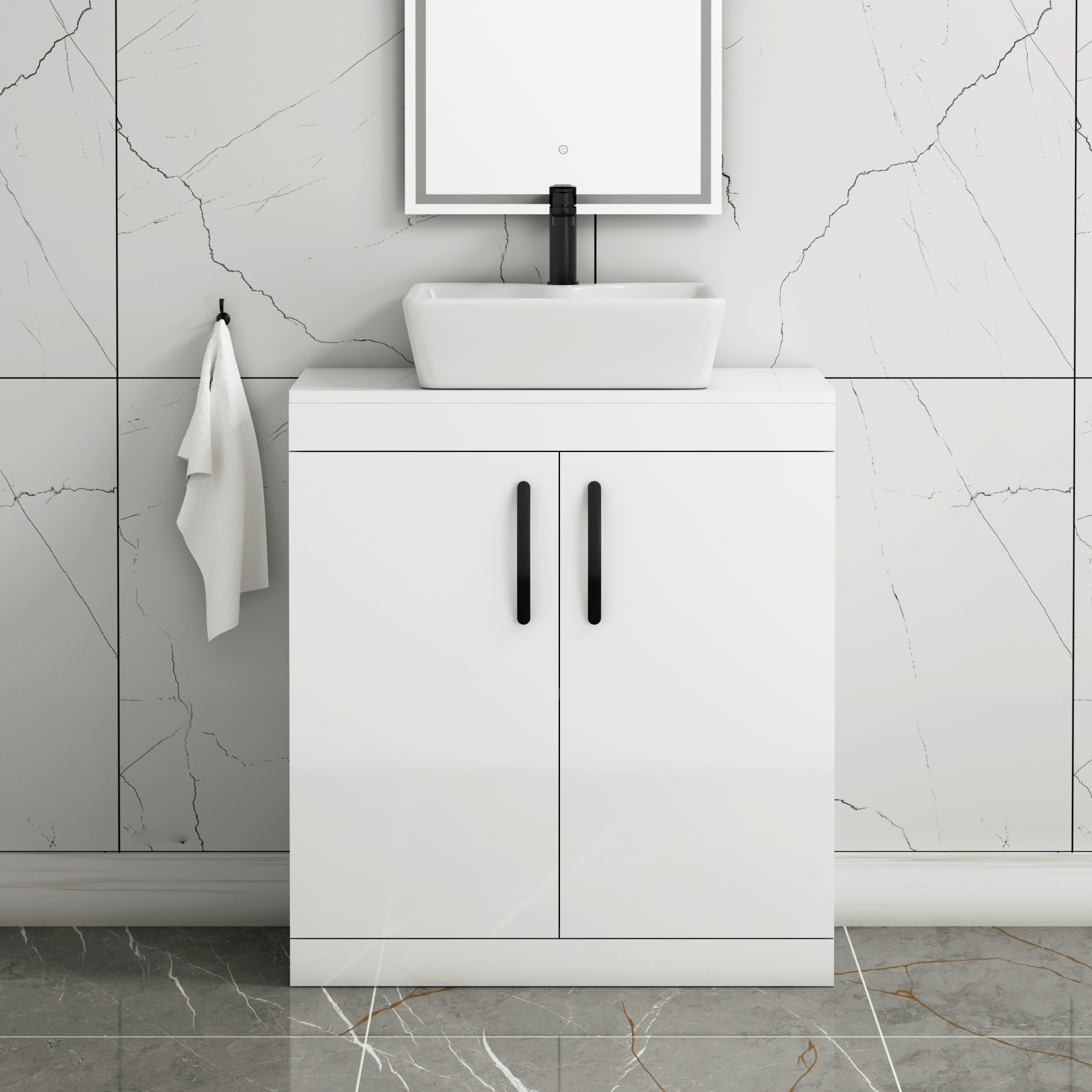 Turin 800mm Floor Standing Vanity Unit 2 Door Gloss White & Countertop Basin - Cube with Matt Black Handle
