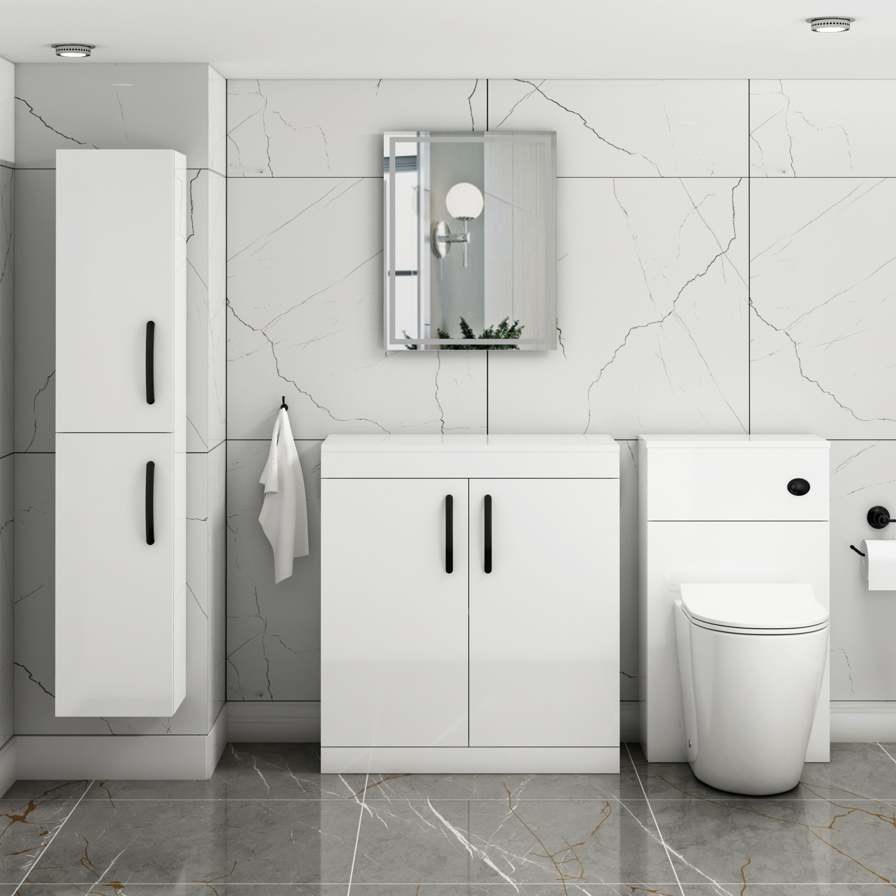 Turin 800mm Gloss White Floor Standing Worktop Vanity Unit - 2 Doors with Matt Black Handle