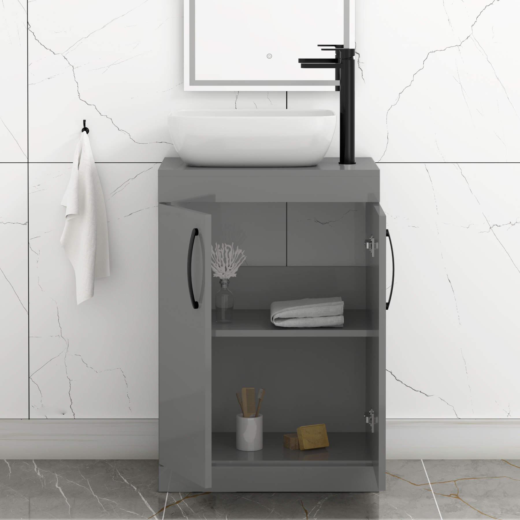 600mm Floor Standing Vanity Unit 2 Door Indigo Grey Gloss & Countertop Basin - Elva with Matt Black Handle