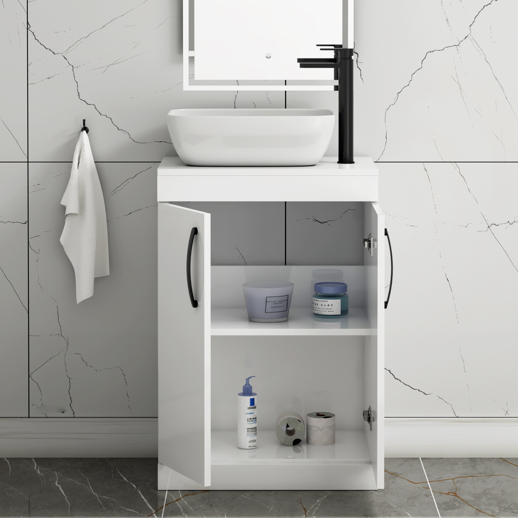 600mm Floor Standing Vanity Unit 2 Door Gloss White & Countertop Basin - Elva with Matt Black Handle