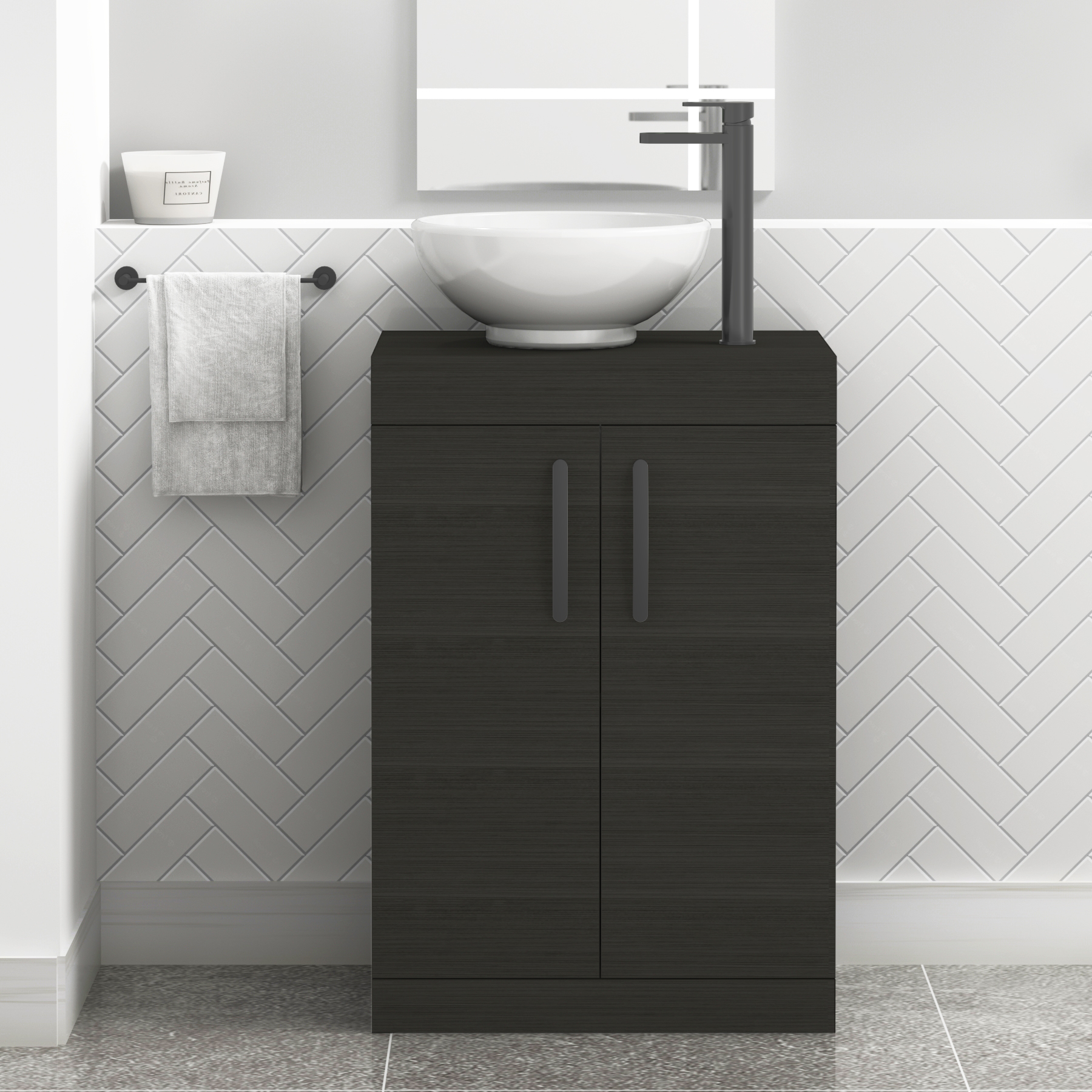 600mm Hale Black Floor Standing Vanity Unit 2 Door & Countertop Basin - Breeze with Matt Black Handle