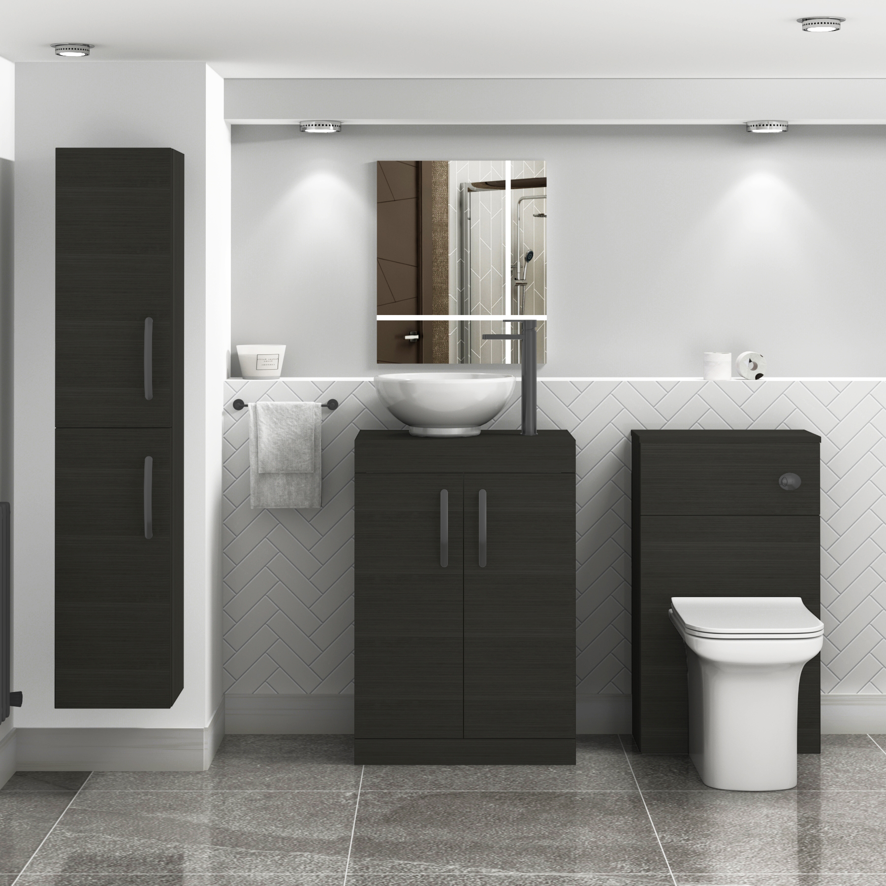 600mm Hale Black Floor Standing Vanity Unit 2 Door & Countertop Basin - Breeze with Matt Black Handle