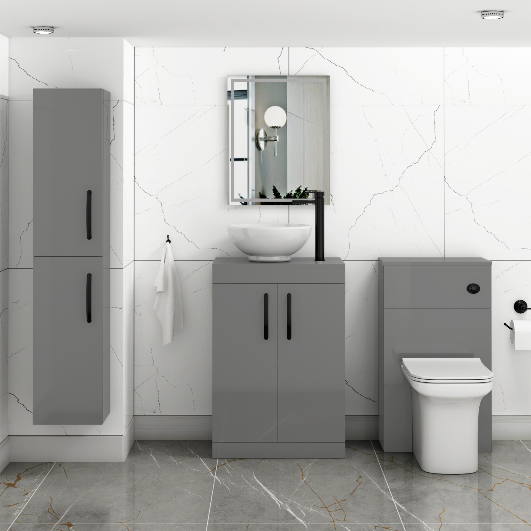 600mm Floor Standing Vanity Unit 2 Door Indigo Grey Gloss & Countertop Basin - Breeze with Matt Black Handle