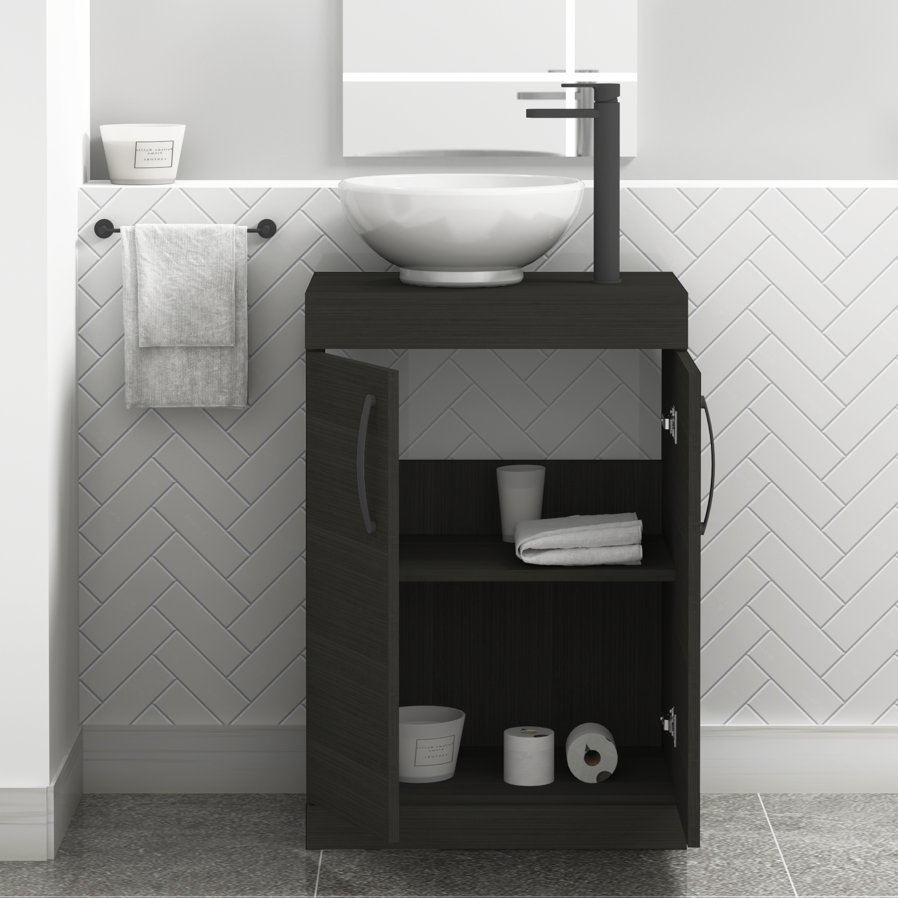 600mm Hale Black Floor Standing Vanity Unit 2 Door & Countertop Basin - Breeze with Matt Black Handle