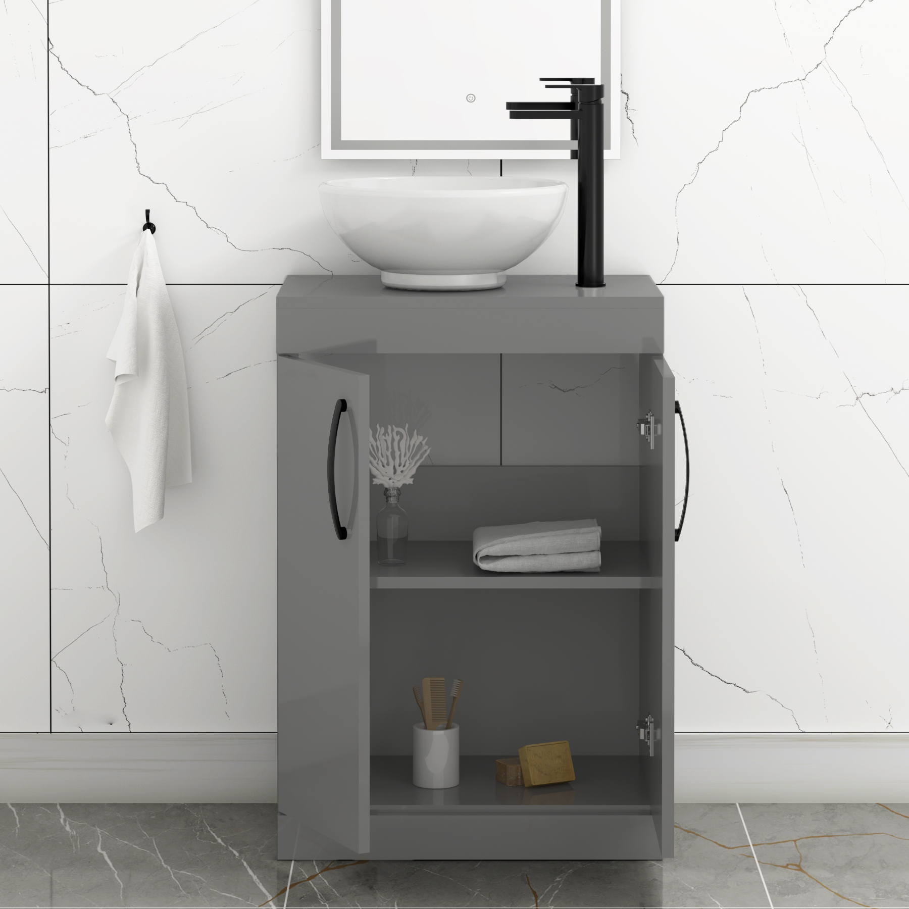 600mm Floor Standing Vanity Unit 2 Door Indigo Grey Gloss & Countertop Basin - Breeze with Matt Black Handle