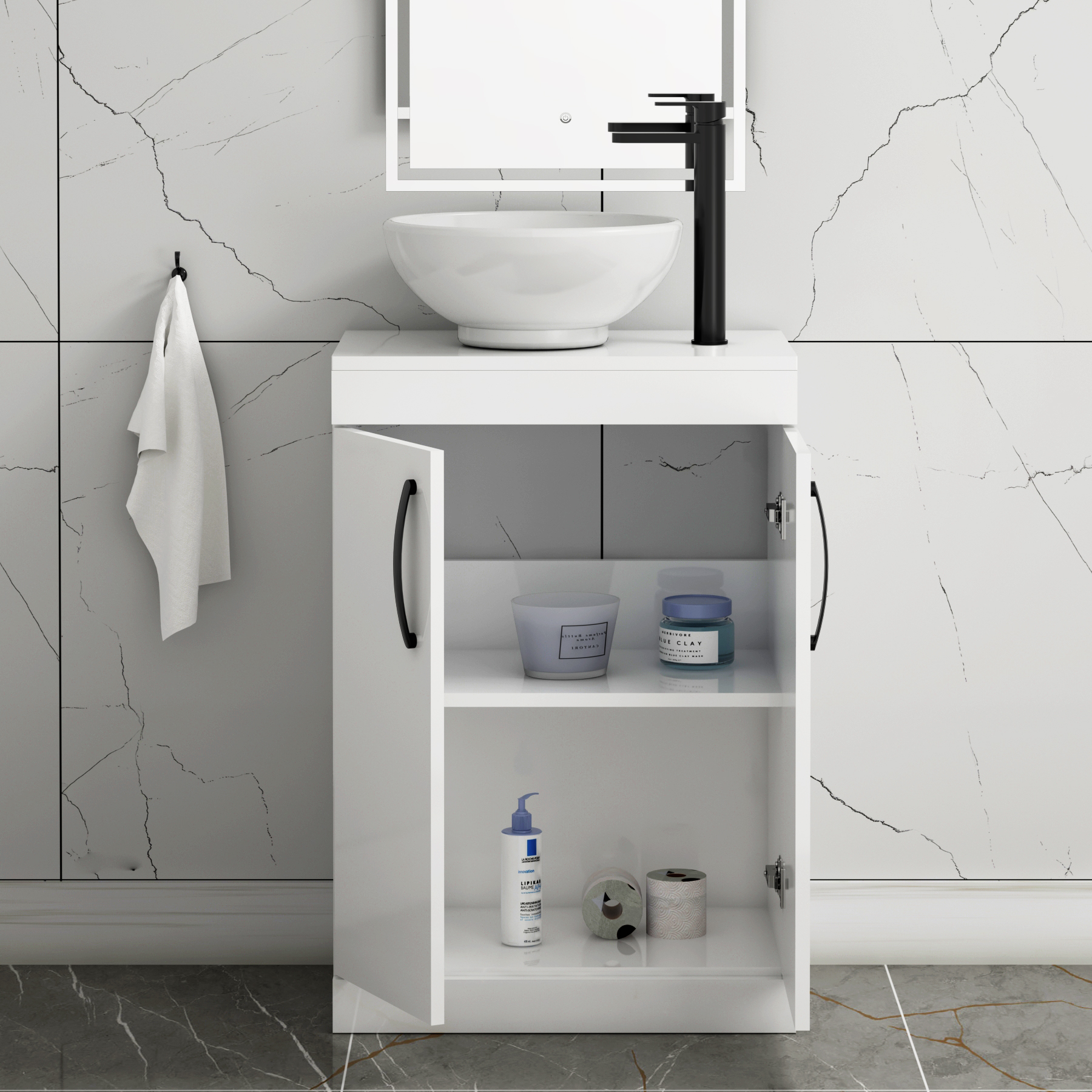 600mm Floor Standing Vanity Unit 2 Door Gloss White & Countertop Basin - Breeze with Matt Black Handle