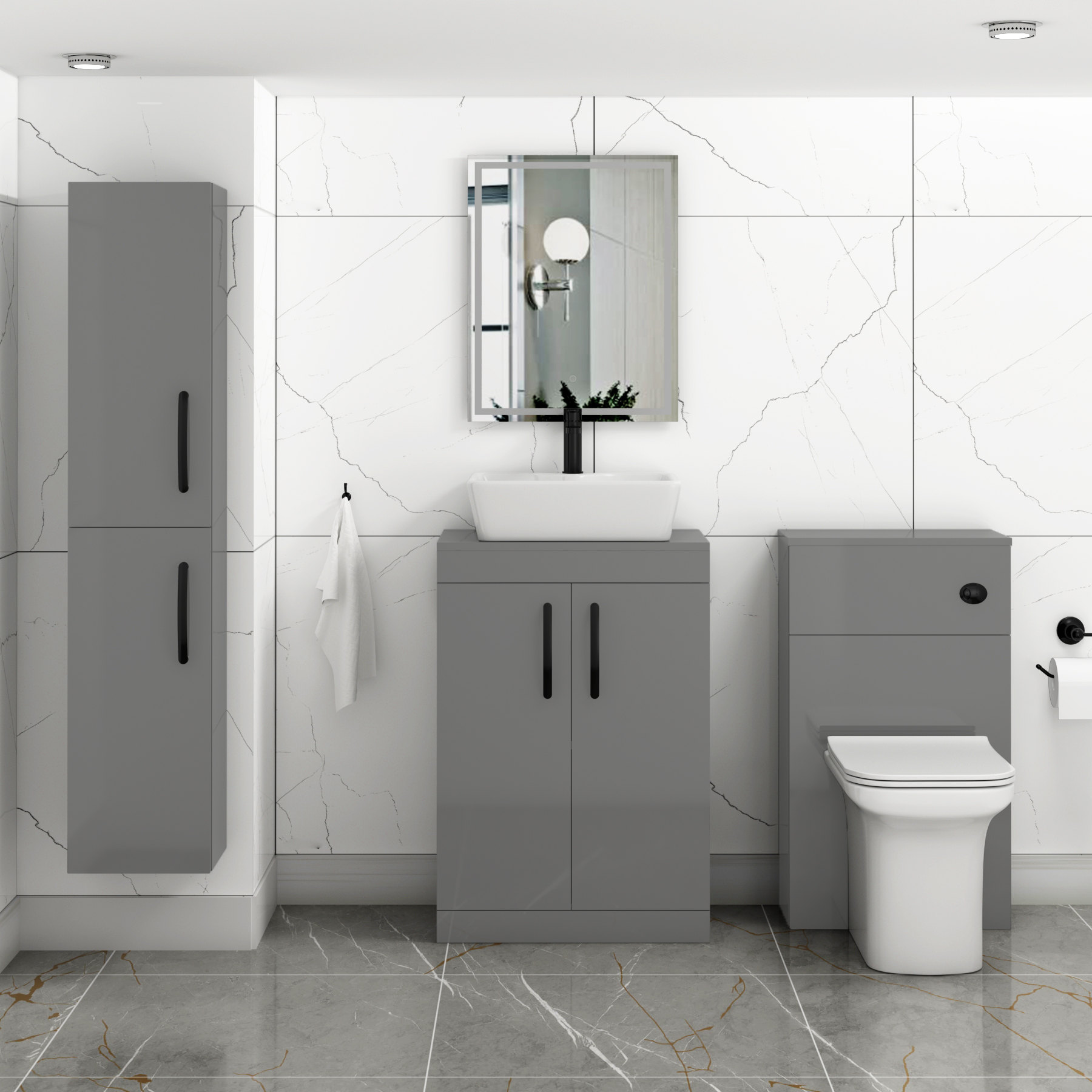 600mm Floor Standing Vanity Unit 2 Door Indigo Grey Gloss & Countertop Basin - Cube with Matt Black Handle