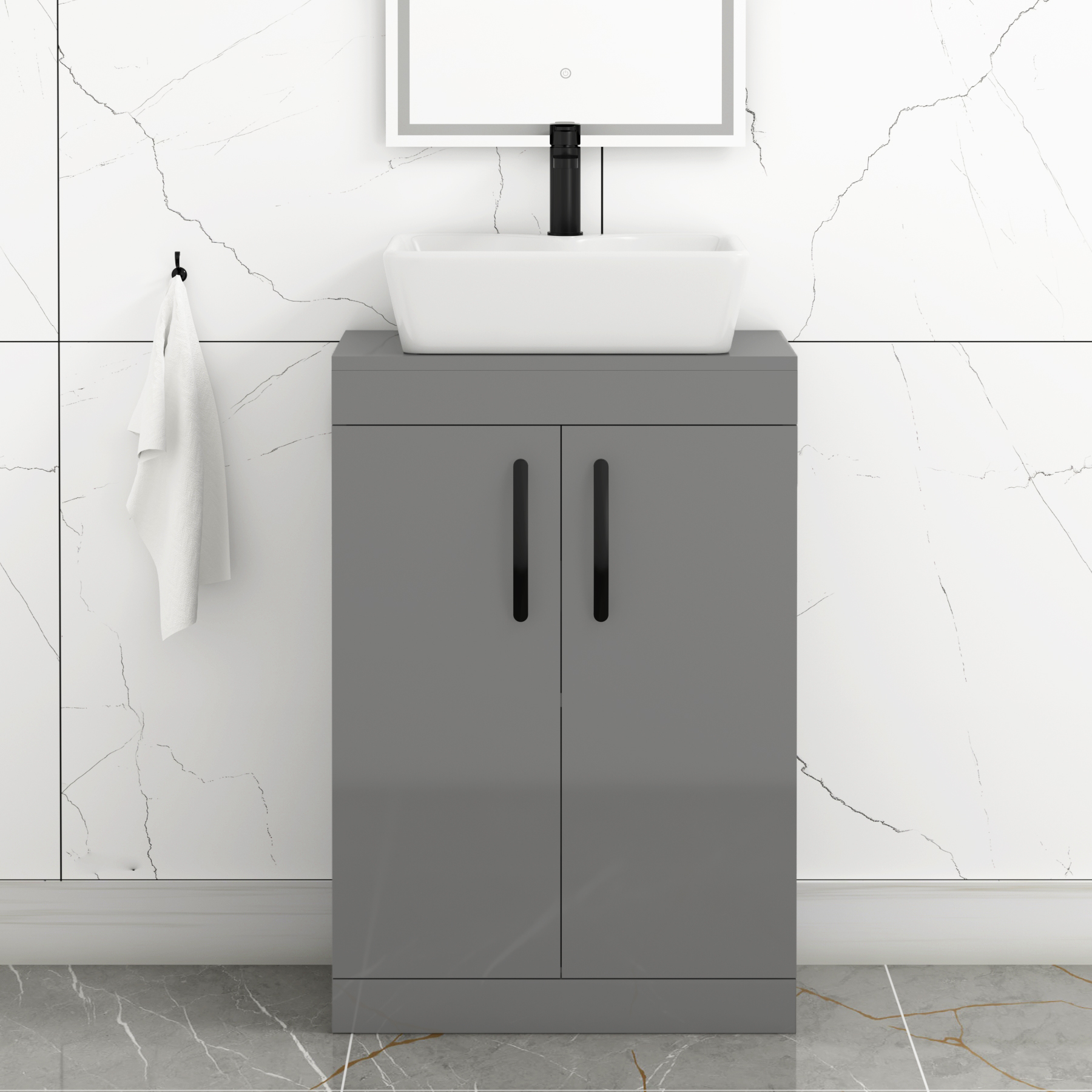 600mm Floor Standing Vanity Unit 2 Door Indigo Grey Gloss & Countertop Basin - Cube with Matt Black Handle