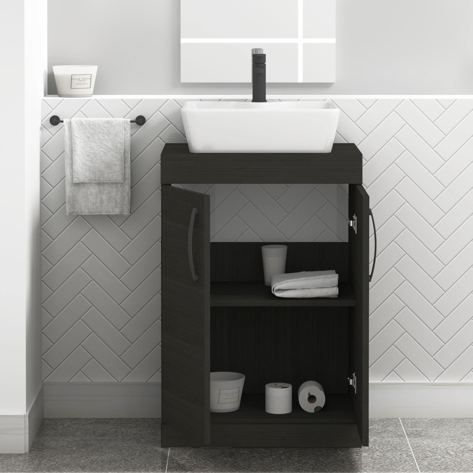 600mm Floor Standing Vanity Unit 2 Door Hale Black & Countertop Basin - Cube with Matt Black Handle