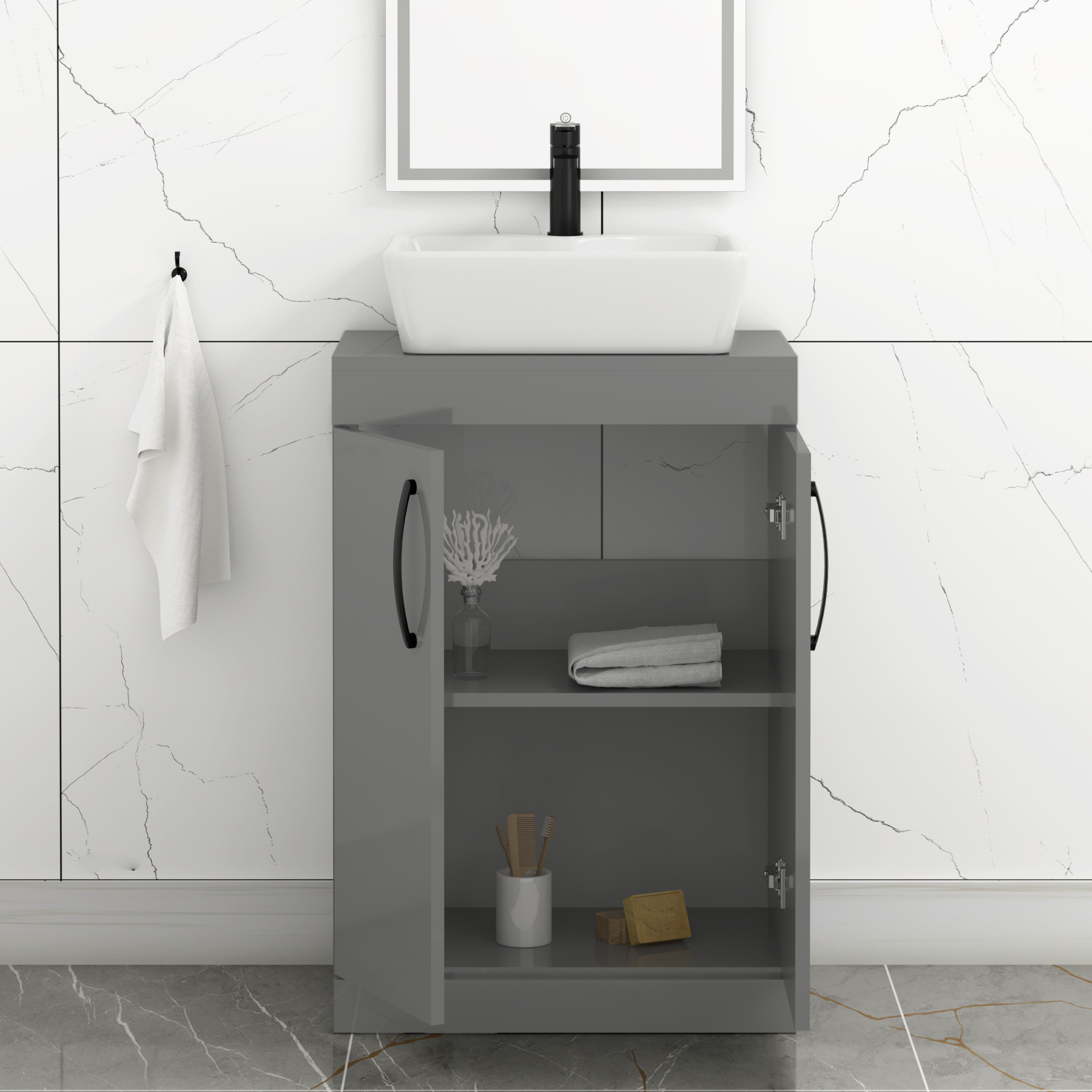 600mm Floor Standing Vanity Unit 2 Door Indigo Grey Gloss & Countertop Basin - Cube with Matt Black Handle