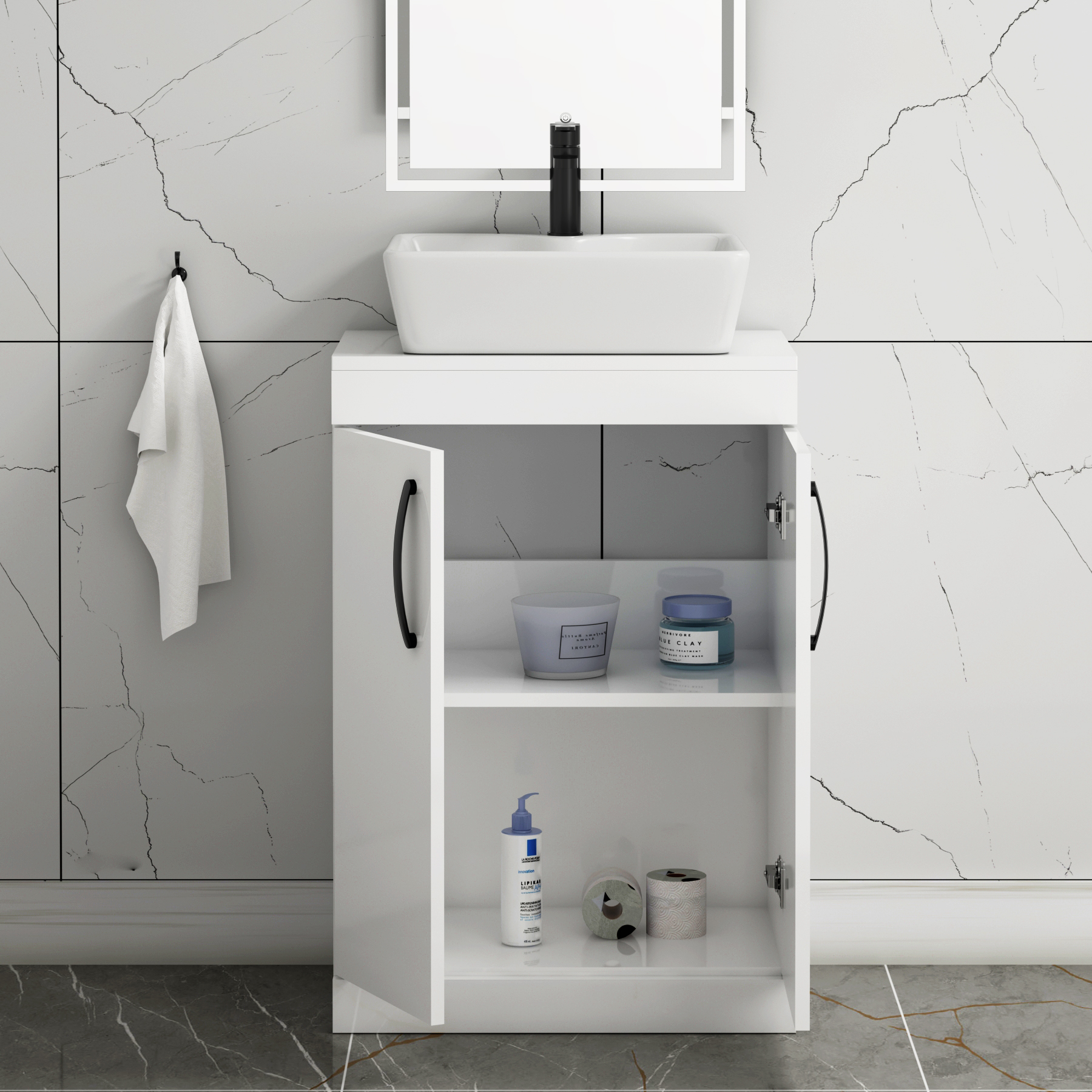 600mm Floor Standing Vanity Unit 2 Door Gloss White & Countertop Basin - Cube with Matt Black Handle