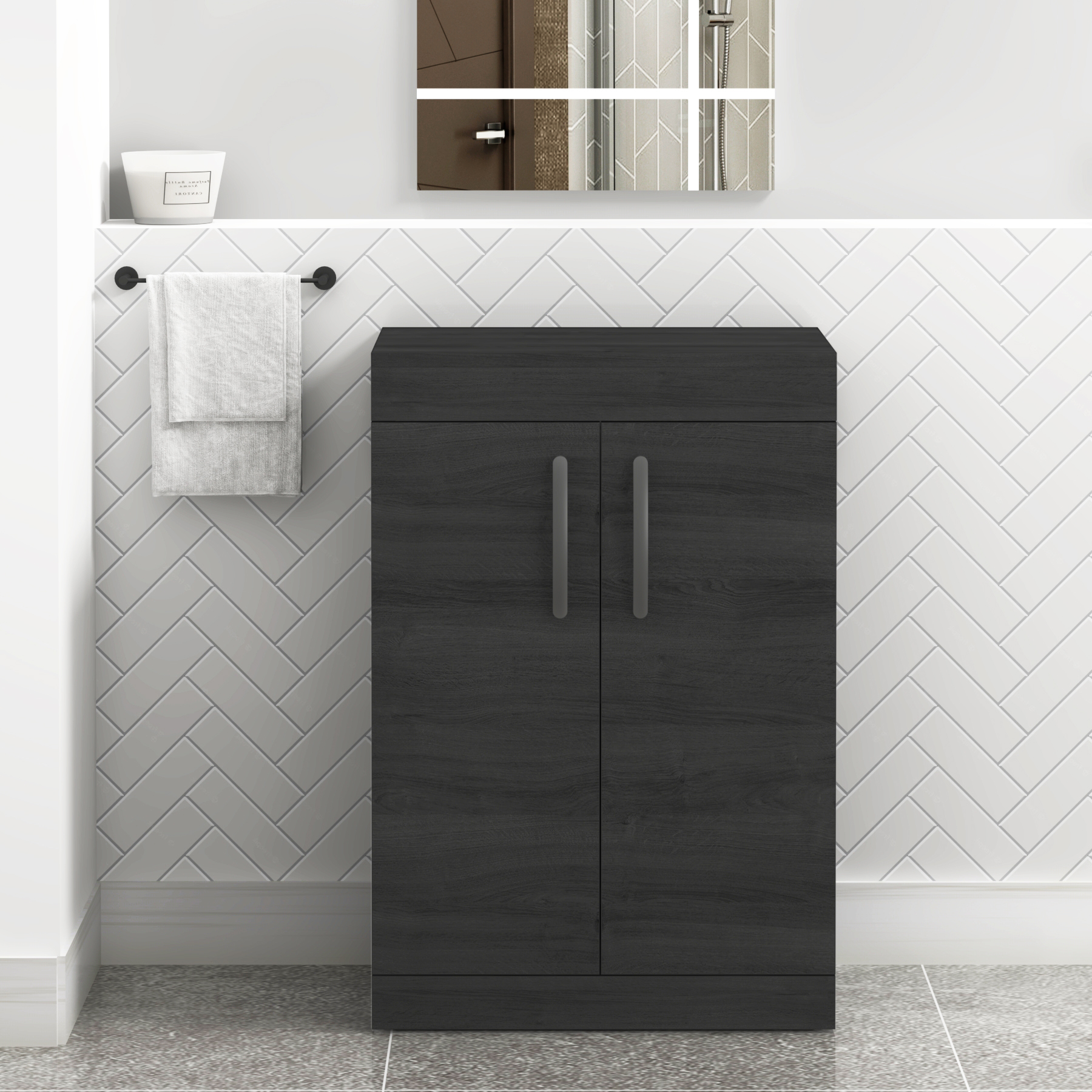 Turin 600mm Hale Black Floor Standing Worktop Vanity Unit - 2 Doors with Matt Black Handle