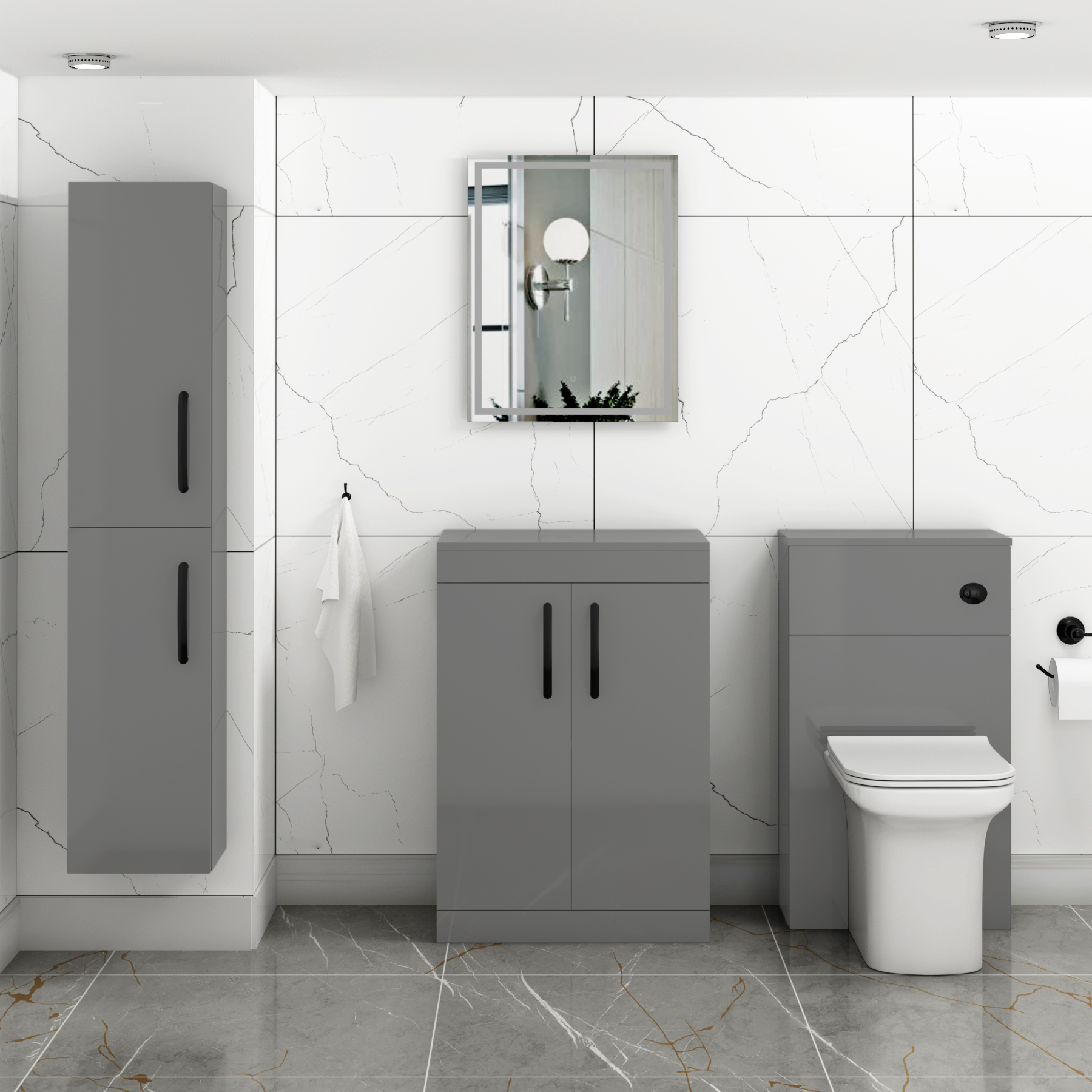  Turin 600mm Indigo Grey Gloss Floor Standing Worktop Vanity Unit - 2 Doors with Matt Black Handle
