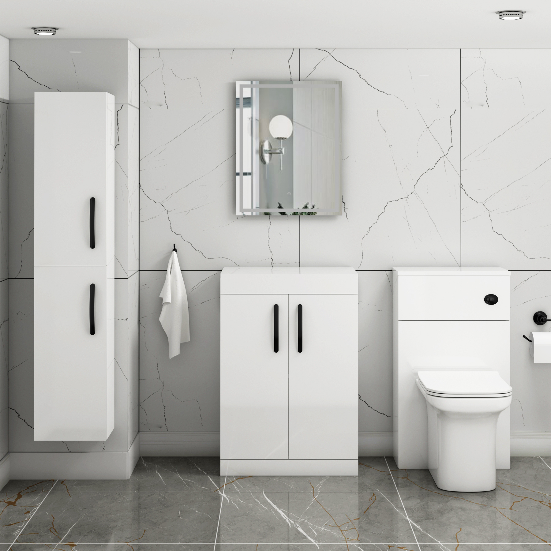Turin 600mm Gloss White Floor Standing Worktop Vanity Unit - 2 Doors with Matt Black Handle