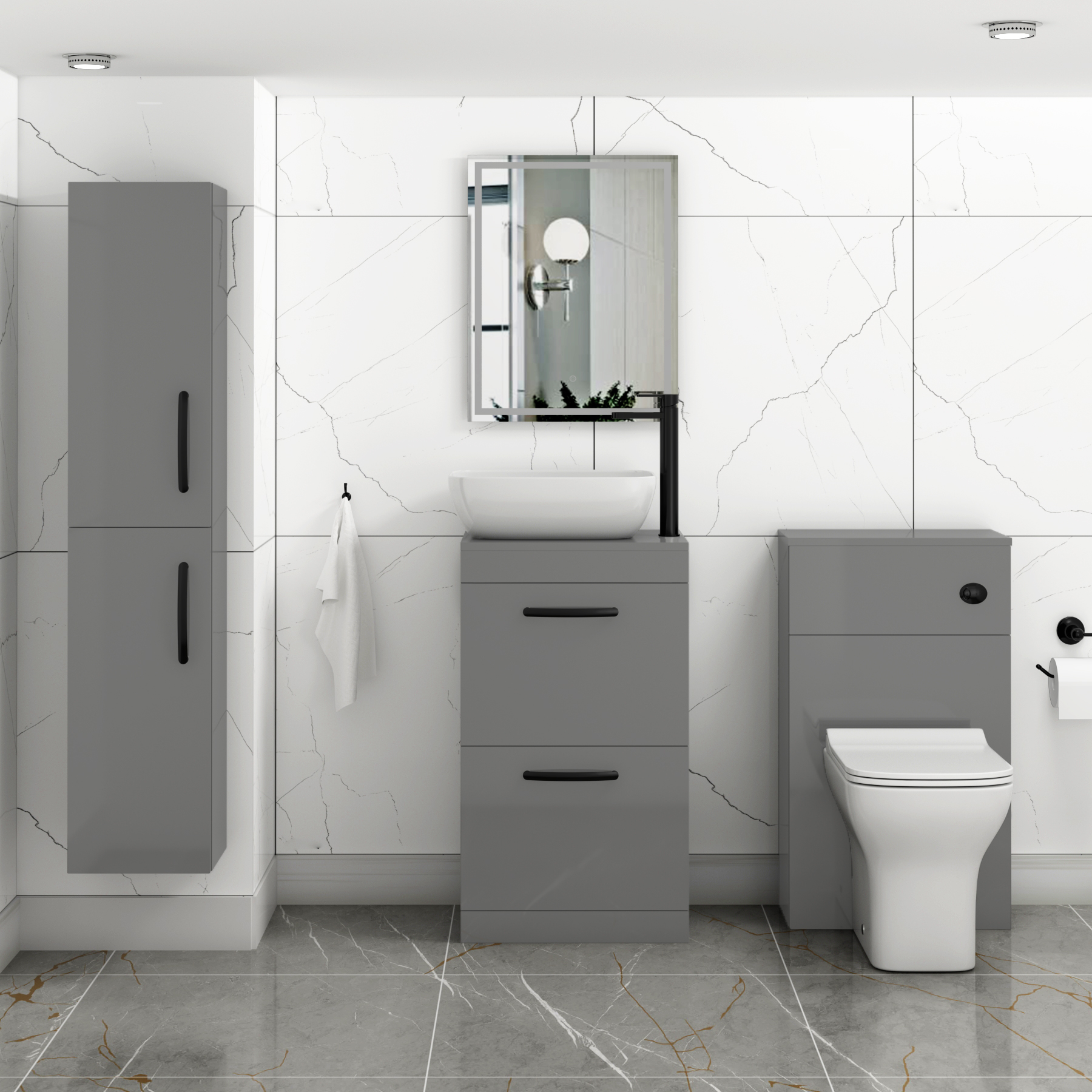 500mm Floor Standing Vanity Unit 2 Drawer Indigo Grey Gloss & Countertop Basin - Elva with Matt Black Handle