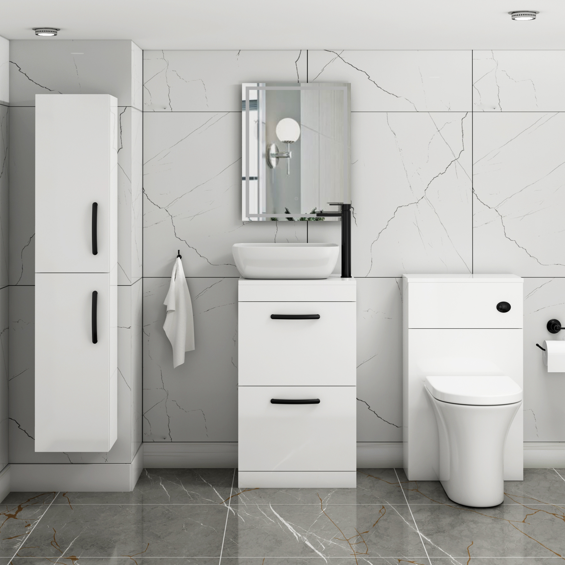 500mm Floor Standing Vanity Unit 2 Drawer Gloss White & Countertop Basin - Elva with Matt Black Handle