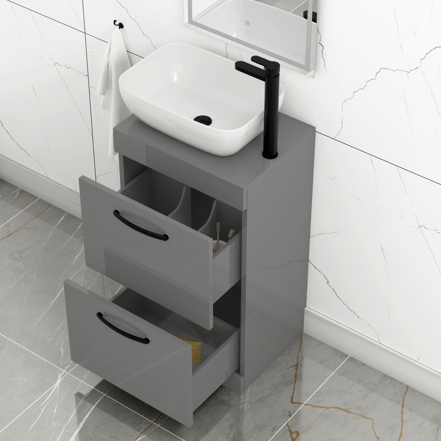500mm Floor Standing Vanity Unit 2 Drawer Indigo Grey Gloss & Countertop Basin - Elva with Matt Black Handle
