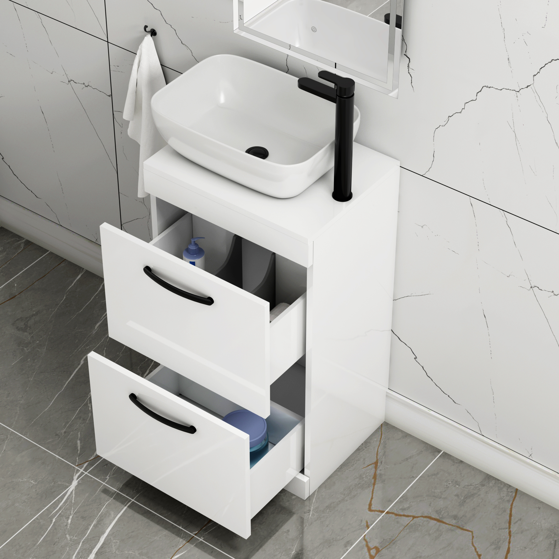 500mm Floor Standing Vanity Unit 2 Drawer Gloss White & Countertop Basin - Elva with Matt Black Handle
