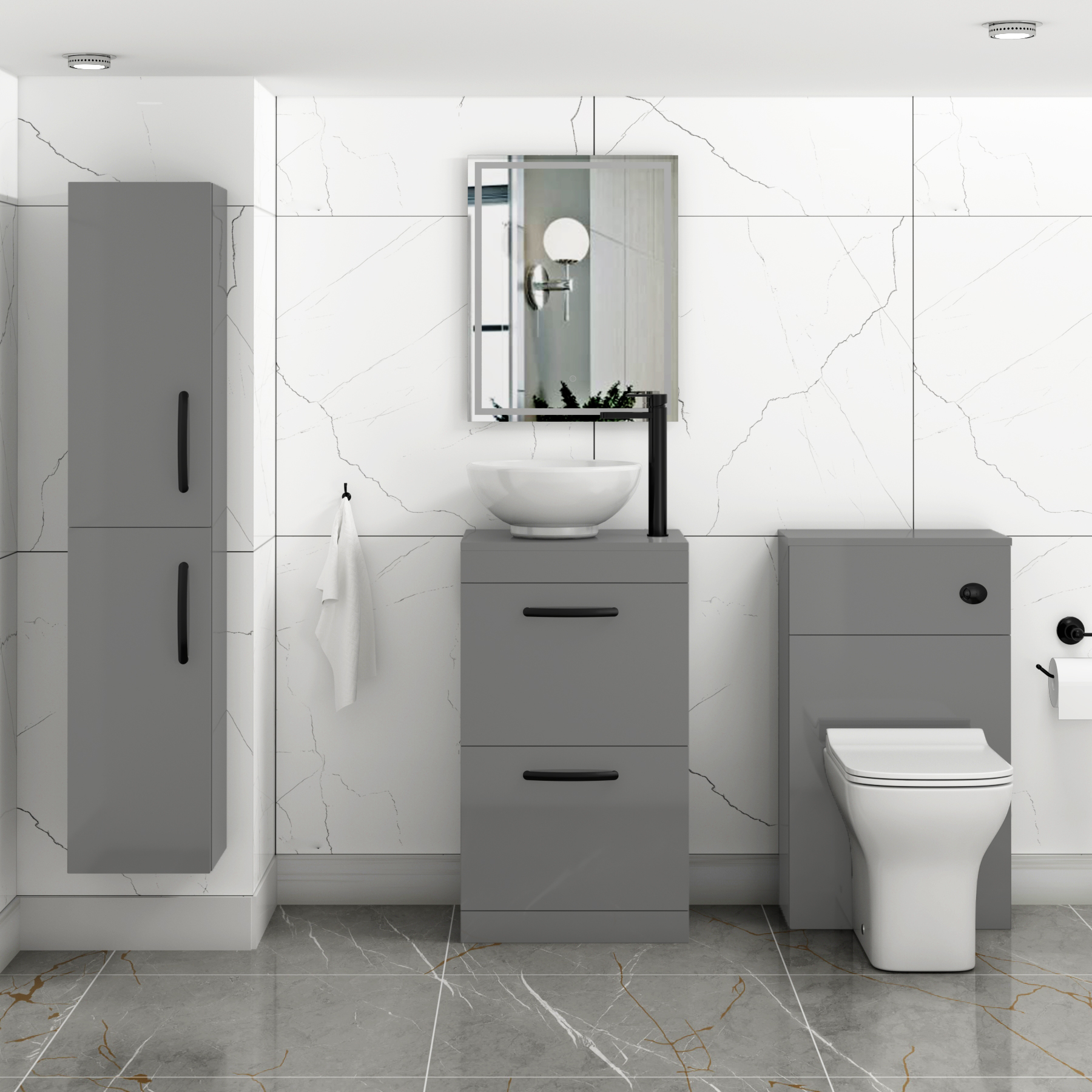 500mm Floor Standing Vanity Unit 2 Drawer Indigo Grey Gloss & Countertop Basin - Breeze with Matt Black Handle