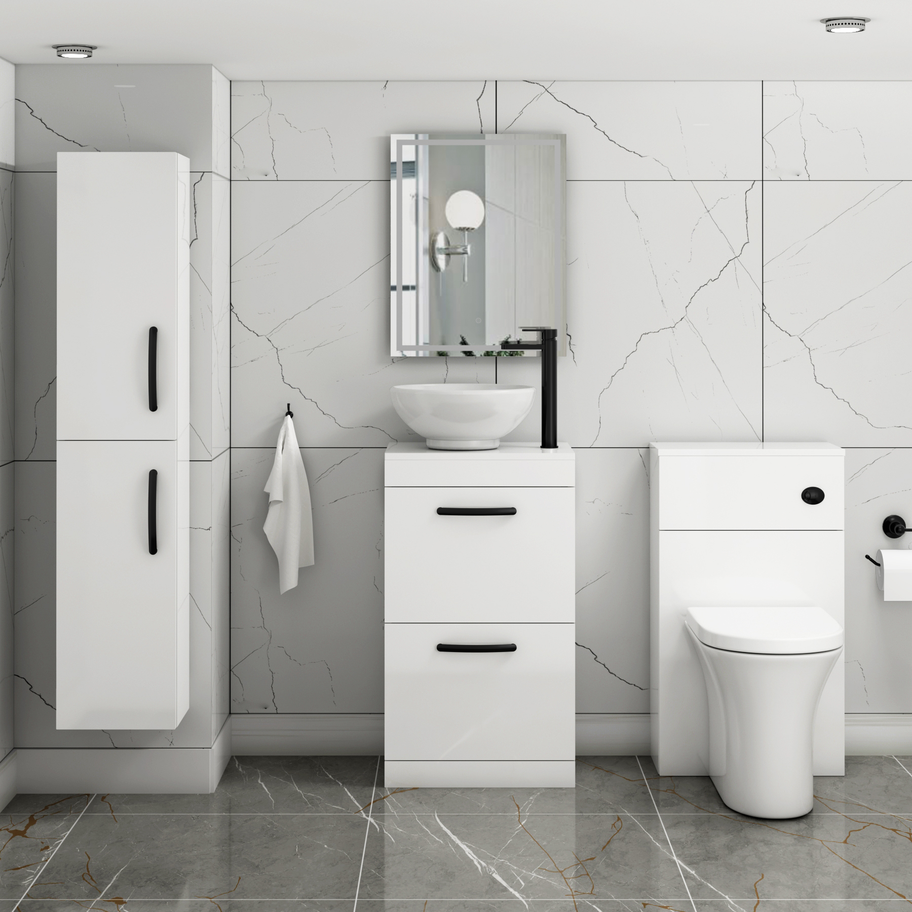 500mm Floor Standing Vanity Unit 2 Drawer Gloss White & Countertop Basin - Breeze with Matt Black Handle