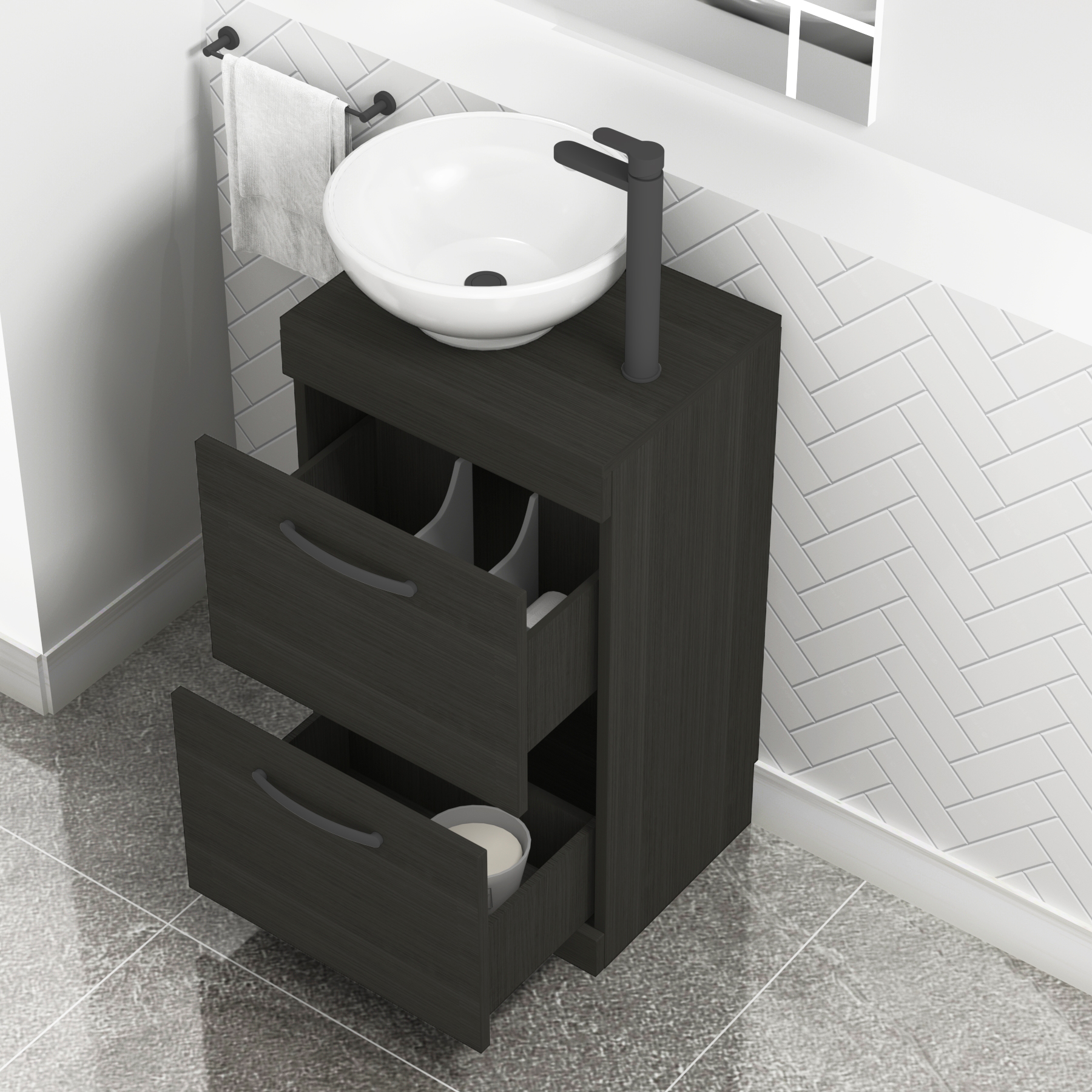 500mm Floor Standing Vanity Unit 2 Drawer Hale Black & Countertop Basin - Breeze with Matt Black Handle