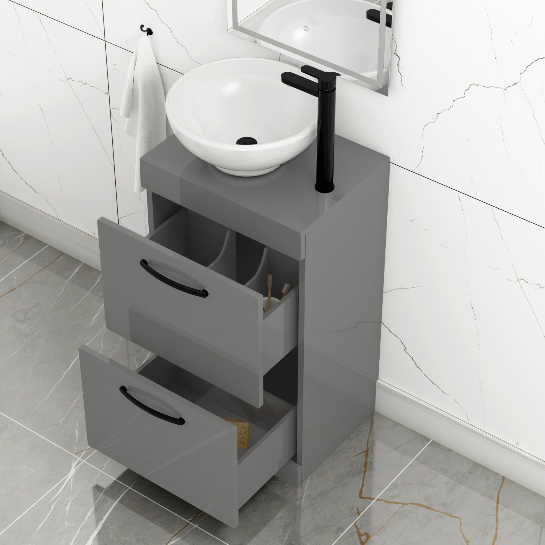 500mm Floor Standing Vanity Unit 2 Drawer Indigo Grey Gloss & Countertop Basin - Breeze with Matt Black Handle