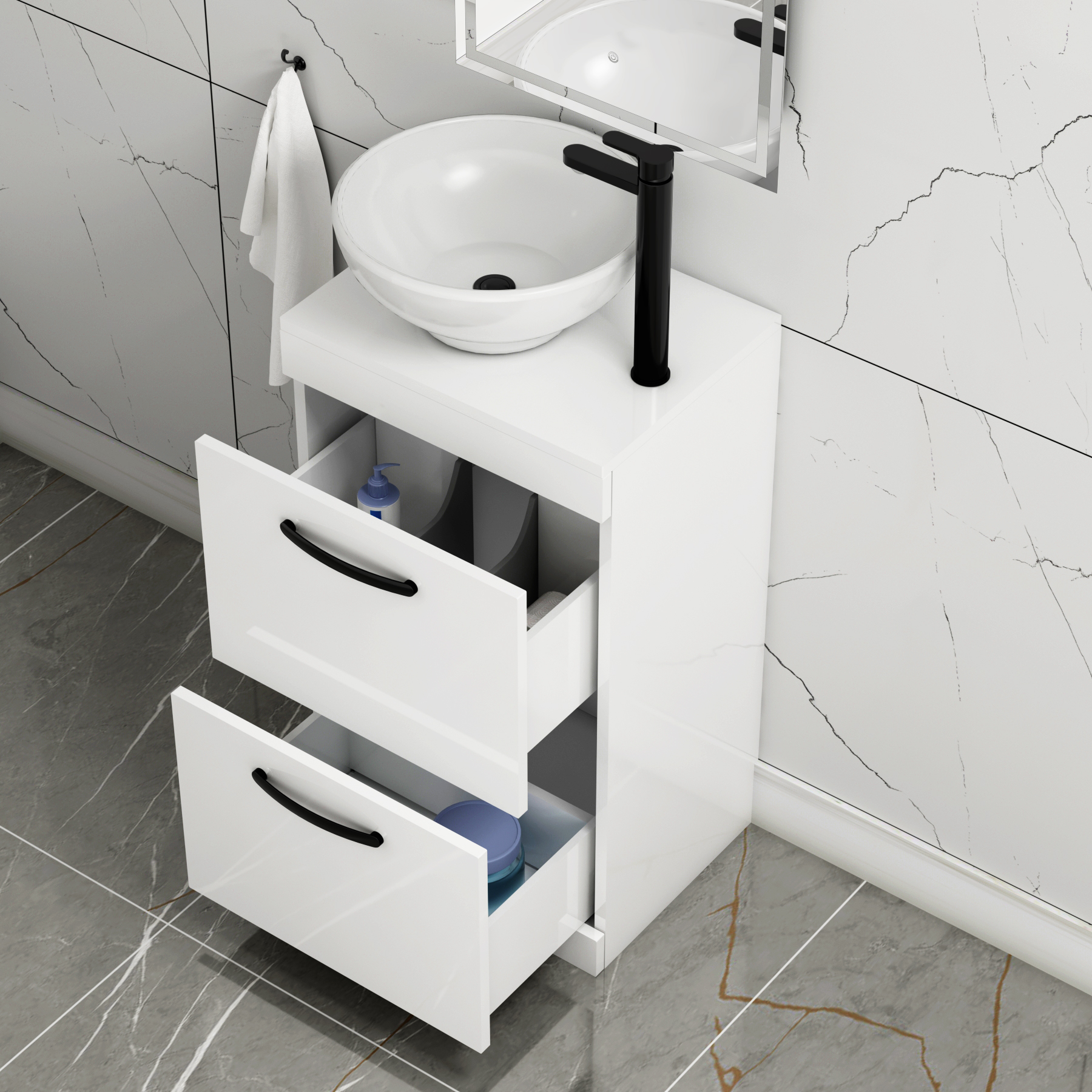 500mm Floor Standing Vanity Unit 2 Drawer Gloss White & Countertop Basin - Breeze with Matt Black Handle