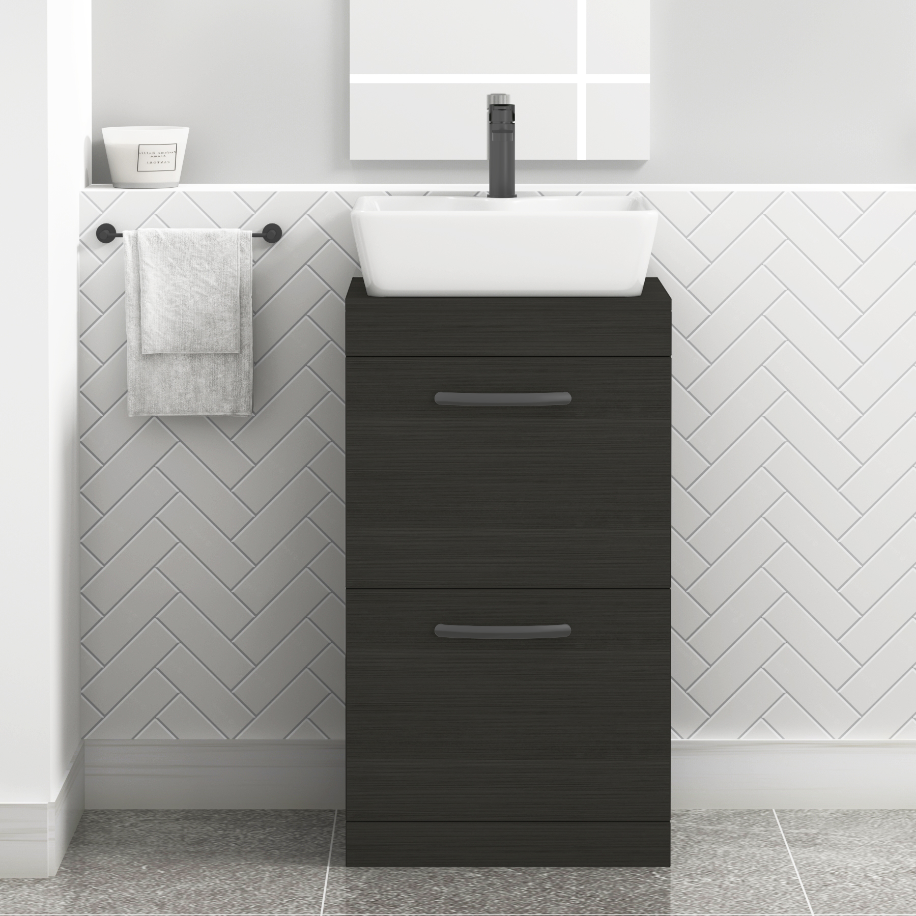 500mm Floor Standing Vanity Unit 2 Drawer Hale Black & Countertop Basin - Cube with Matt Black Handle
